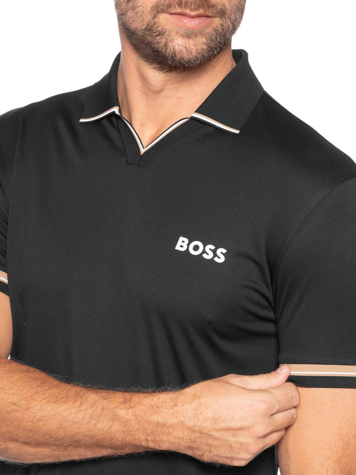 Polo Masculina Manga Curta Com Friso  Preto Boss
