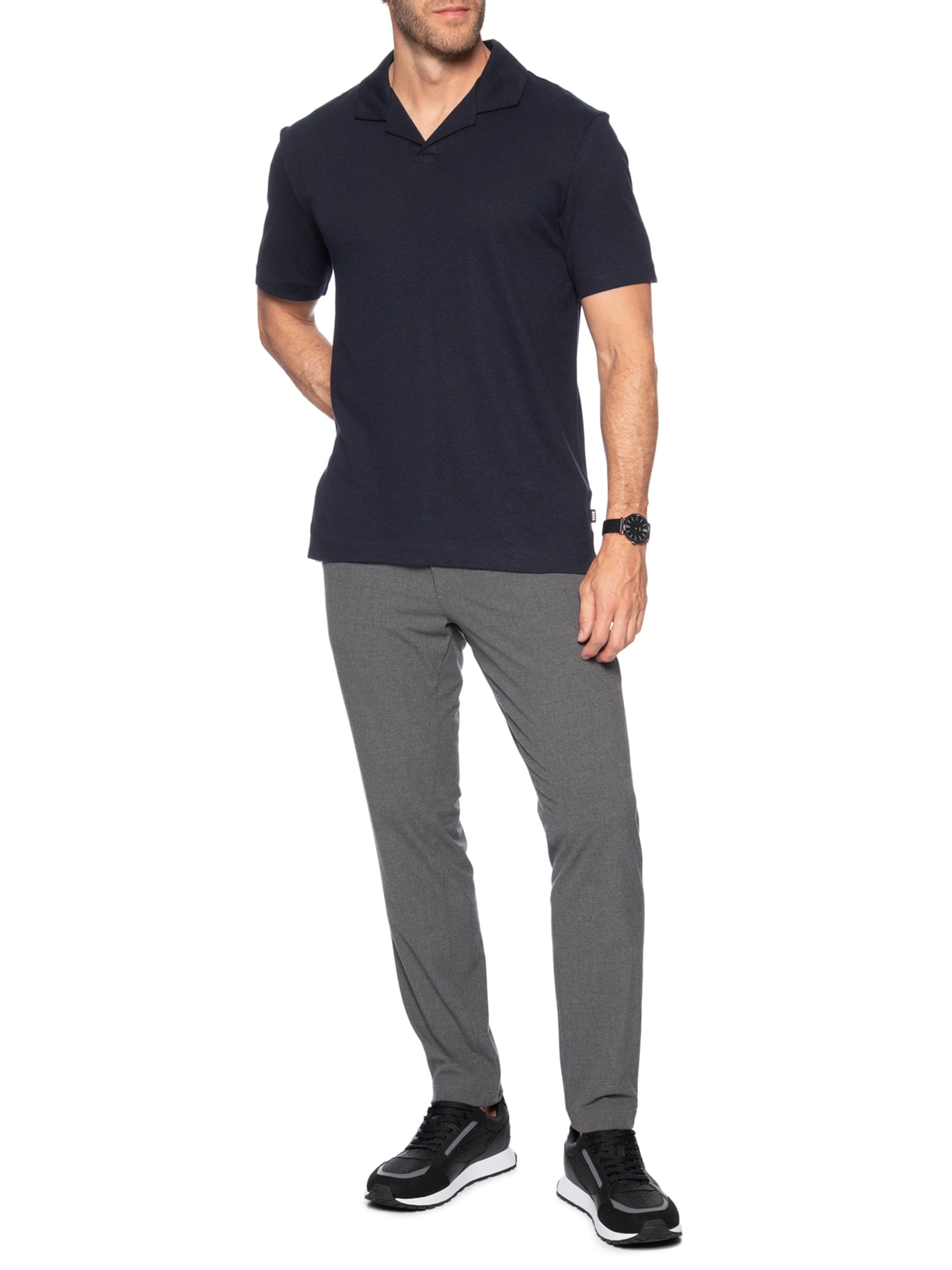 Polo Masculina Manga Curta de Linho H Ponti  Azul Boss