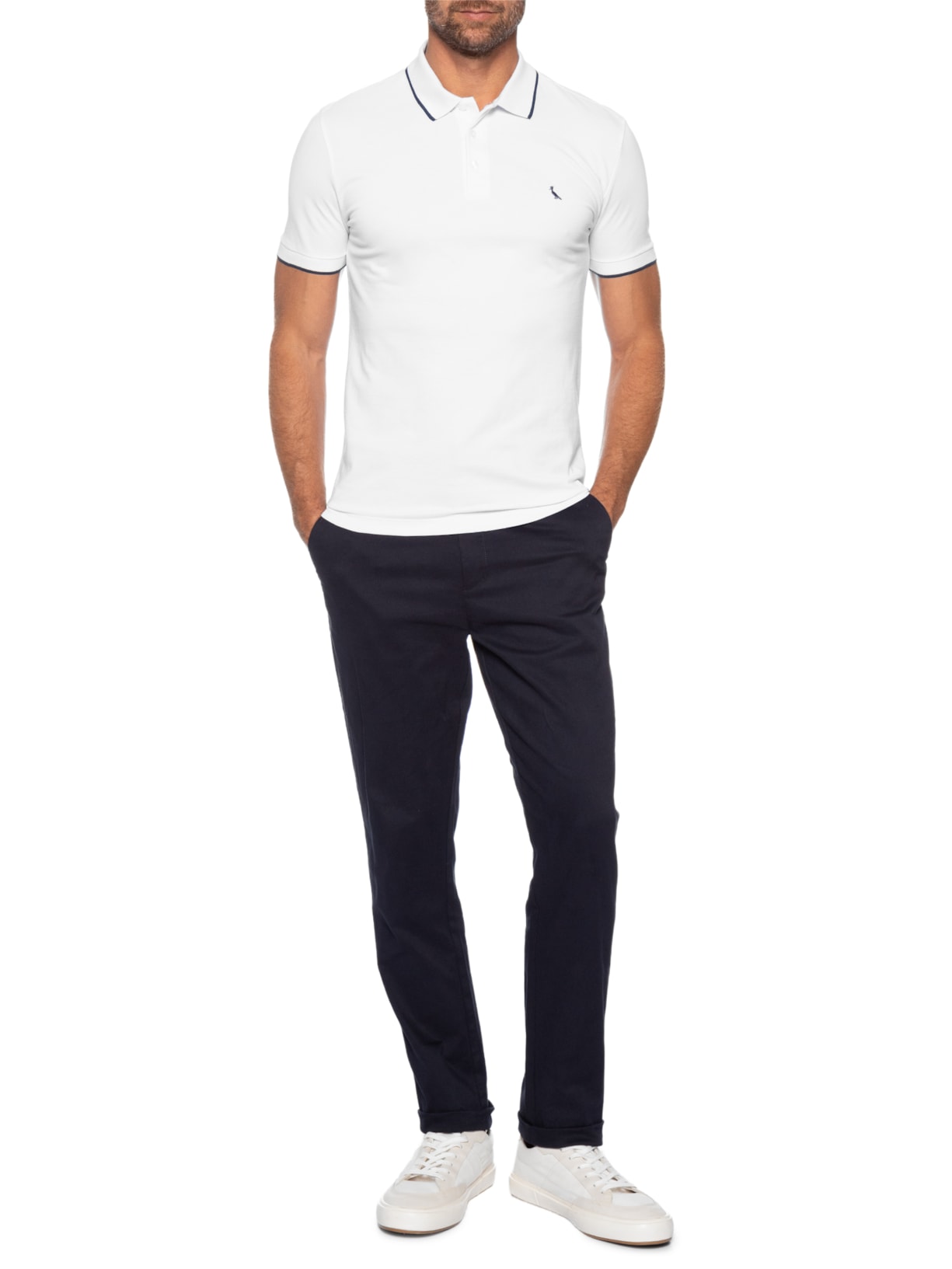 Polo Masculina Manga Curta Exuto Friso Único Branco Reserva