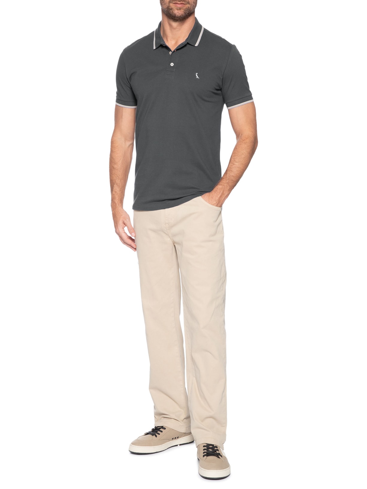 Polo Masculina Manga Curta Friso Duplo Cinza Reserva