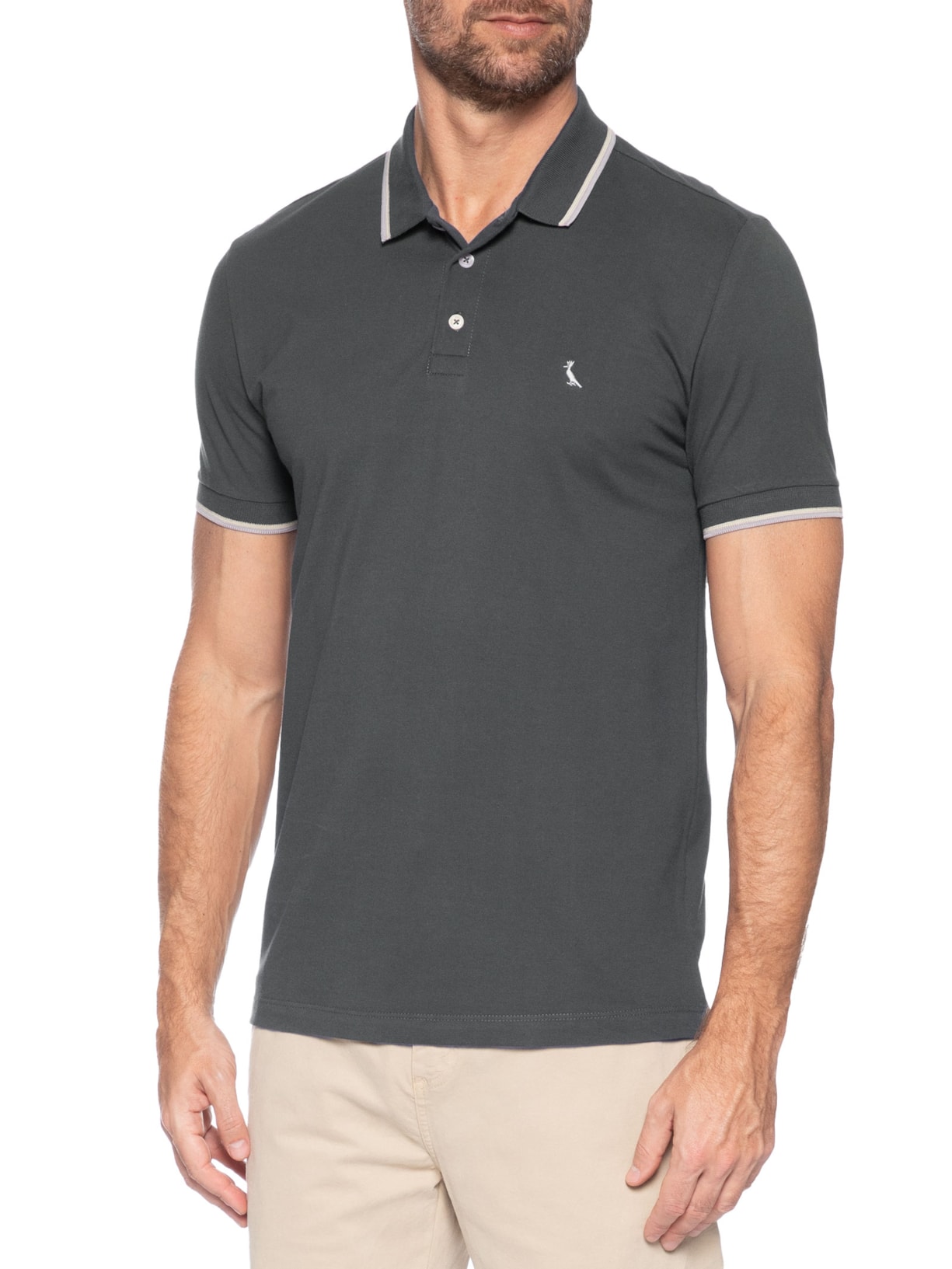 Polo Masculina Manga Curta Friso Duplo Cinza Reserva