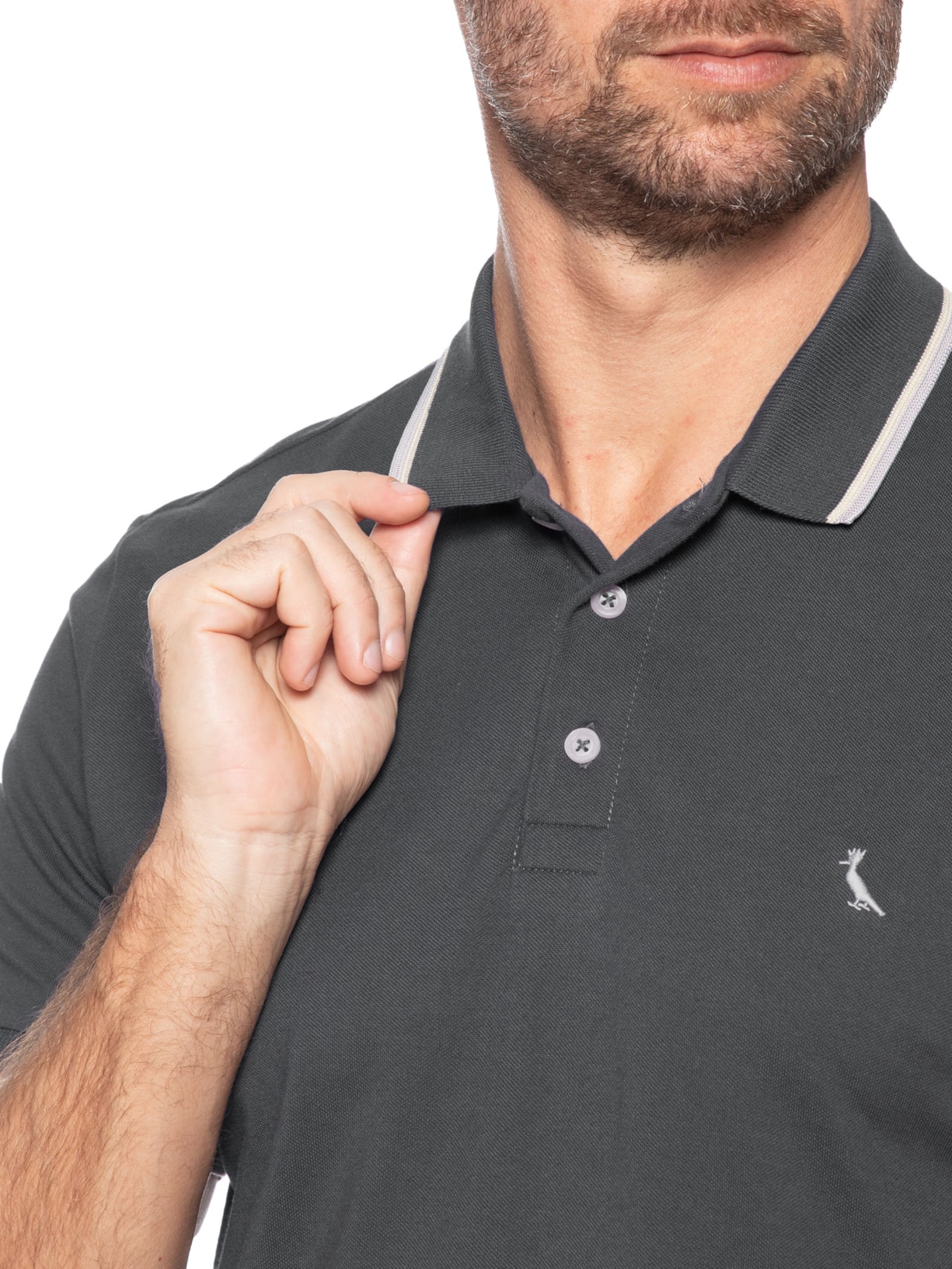 Polo Masculina Manga Curta Friso Duplo Cinza Reserva