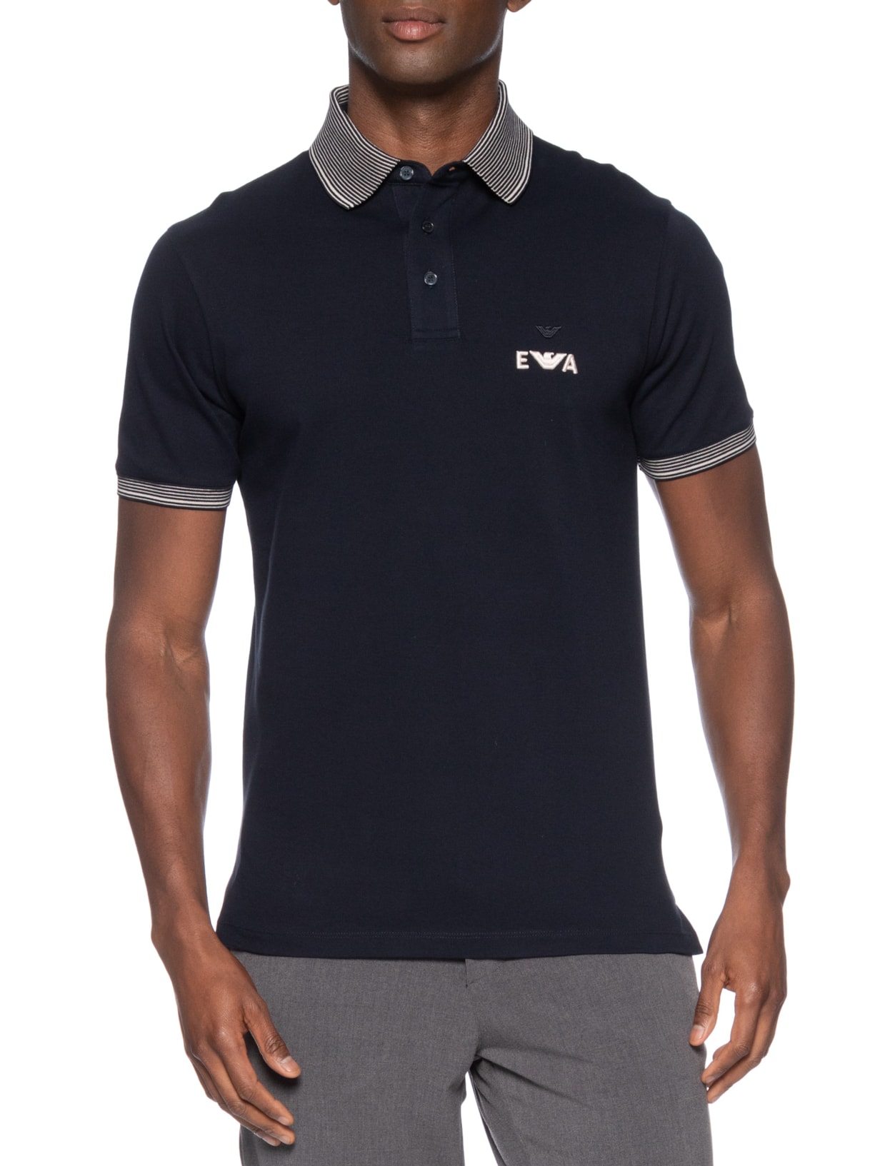 Polo Masculina Manga Curta Friso Listrado Azul Emporio Armani