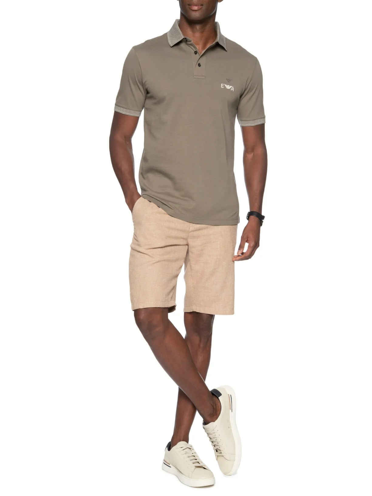 Polo Masculina Manga Curta Friso Listrado Bege Emporio Armani