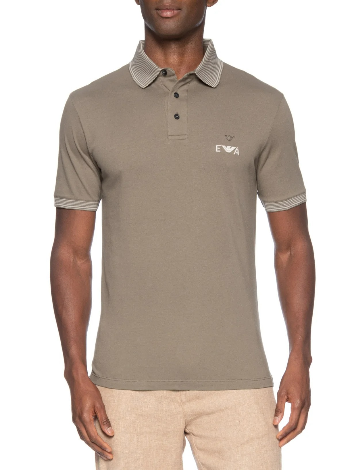 Polo Masculina Manga Curta Friso Listrado Bege Emporio Armani