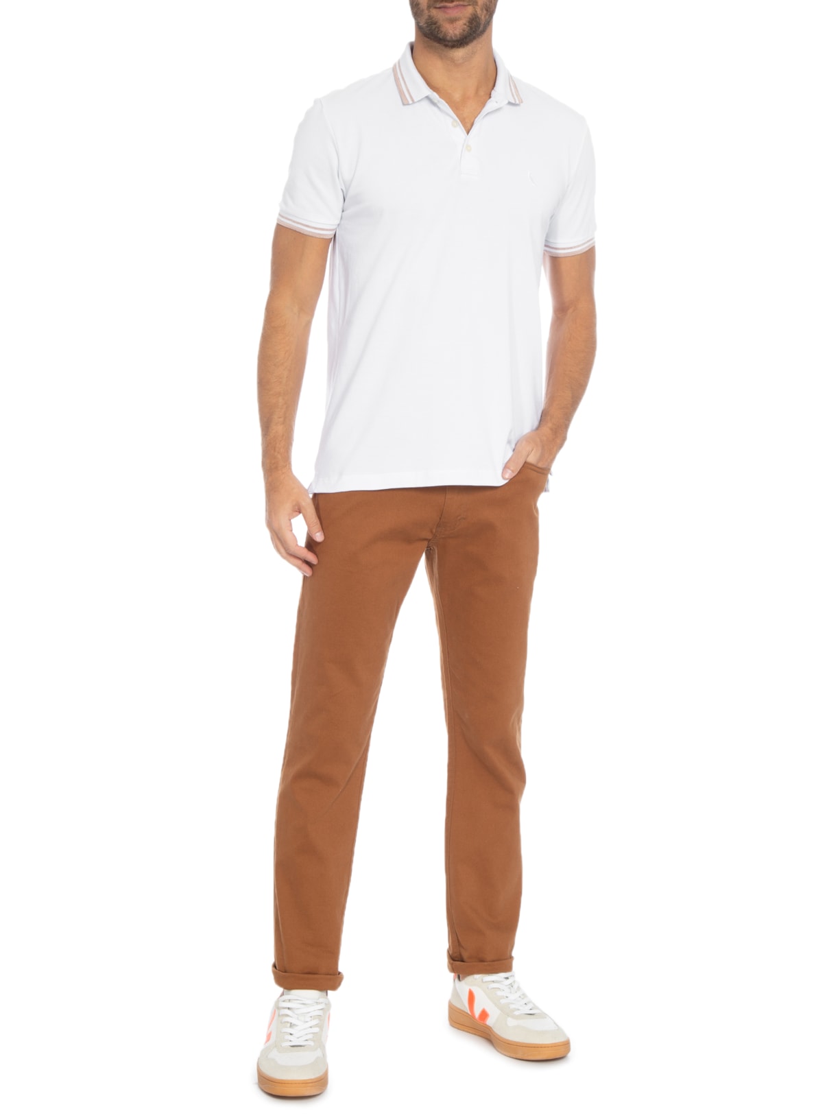 Polo Masculina Manga Curta Friso Rajado Branco Reserva