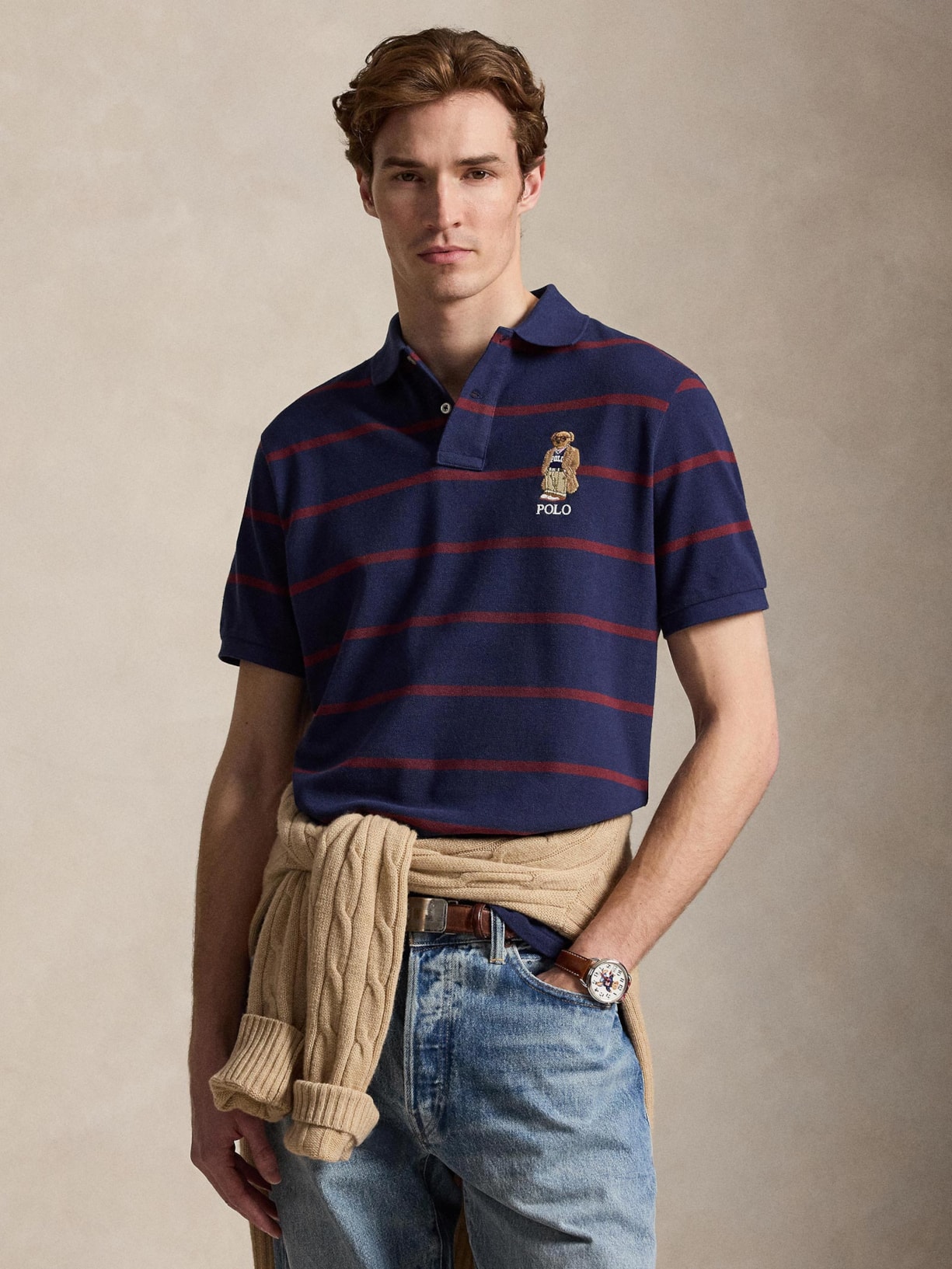 Polo Masculina Manga Curta Listras Bear Azul Polo Ralph Lauren