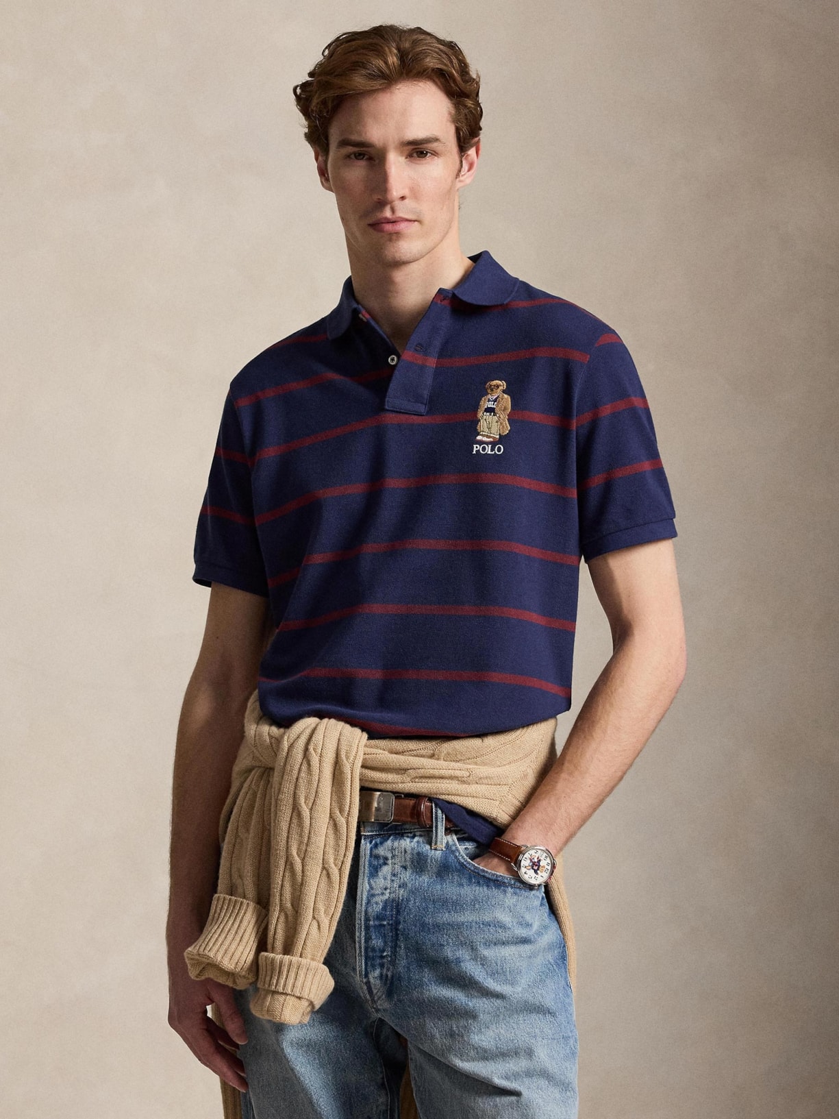 Polo Masculina Manga Curta Listras Bear Azul Polo Ralph Lauren