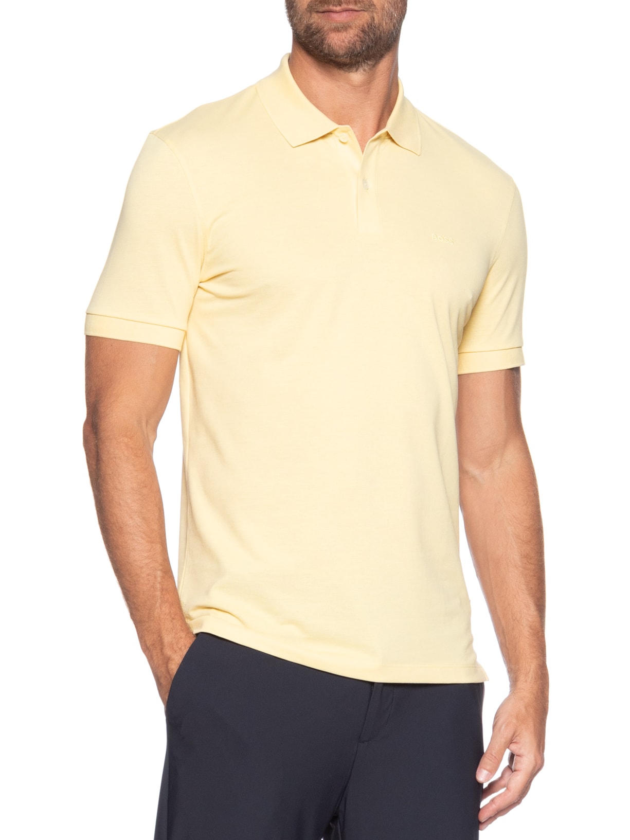Polo Masculina Manga Curta Logo Bordado Amarelo Boss