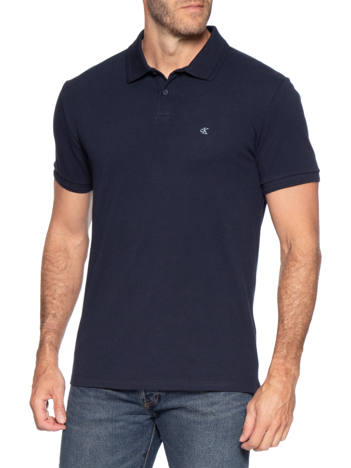 Polo Masculina Manga Curta Logo Bordado Azul Calvin Klein Jeans
