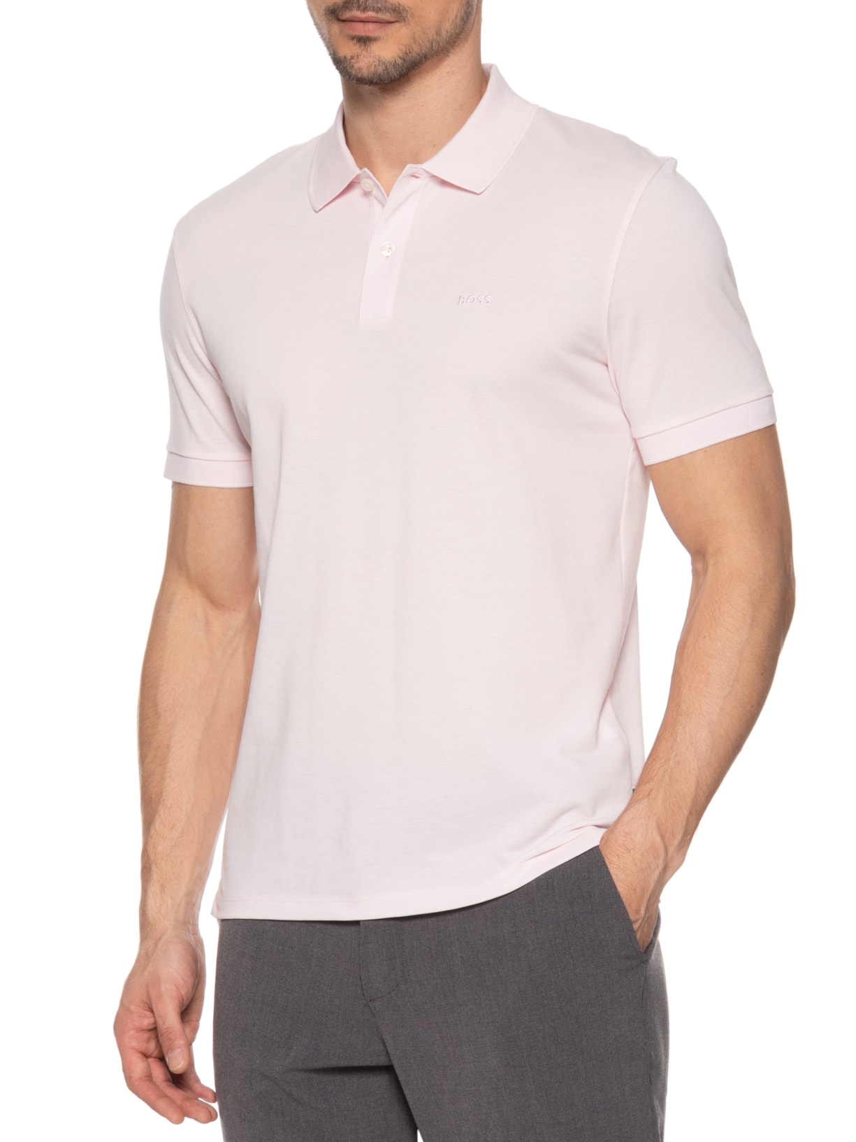 Polo Masculina Manga Curta Logo Bordado Rosa Boss