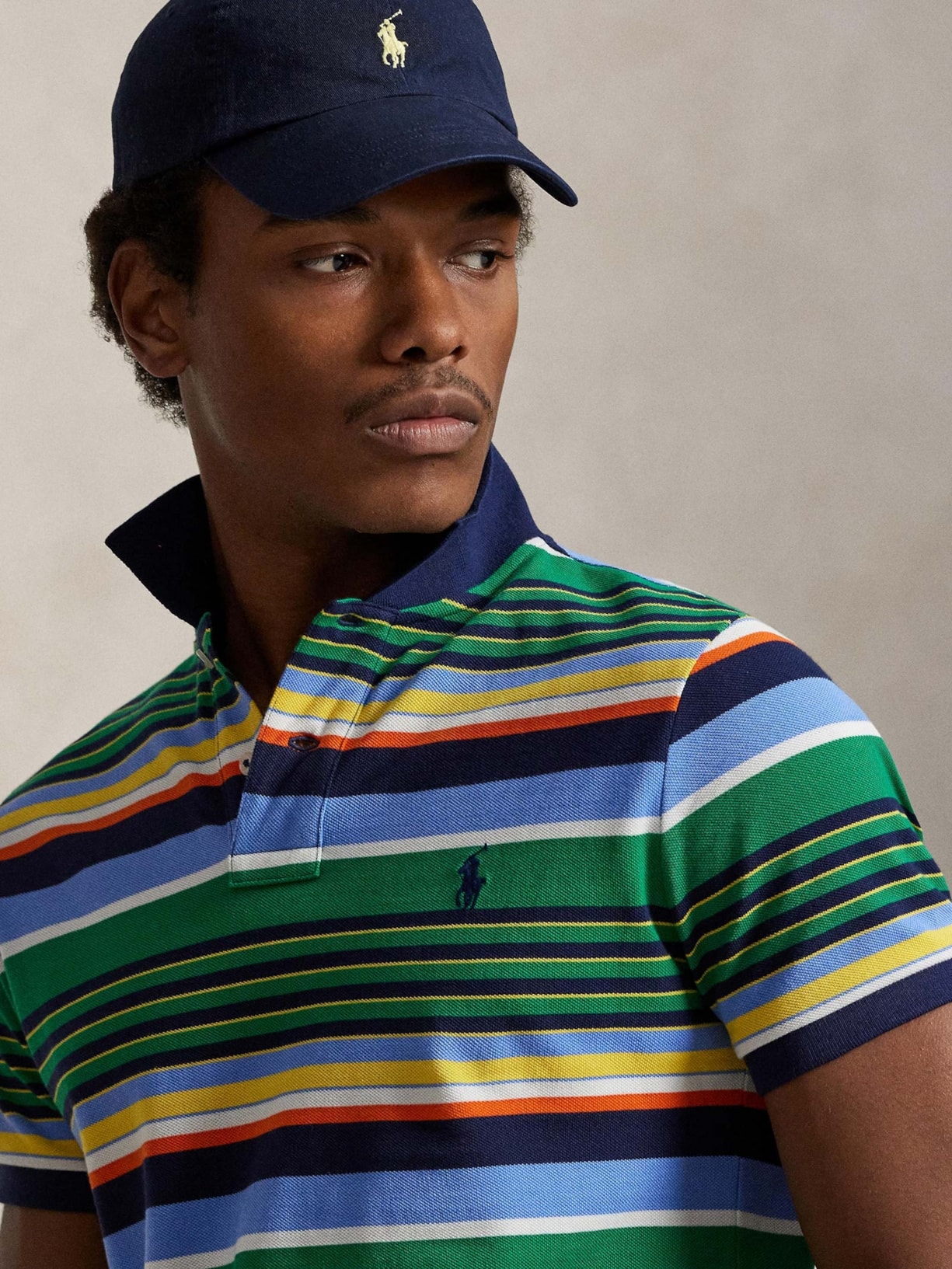 Polo Masculina Manga Curta Multi Listras Logo Bordado Verde Polo Ralph Lauren