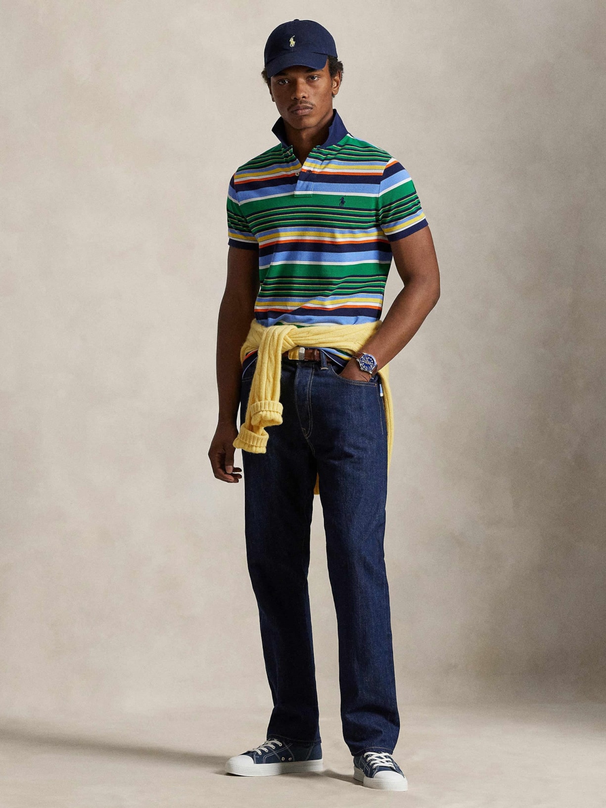 Polo Masculina Manga Curta Multi Listras Logo Bordado Verde Polo Ralph Lauren