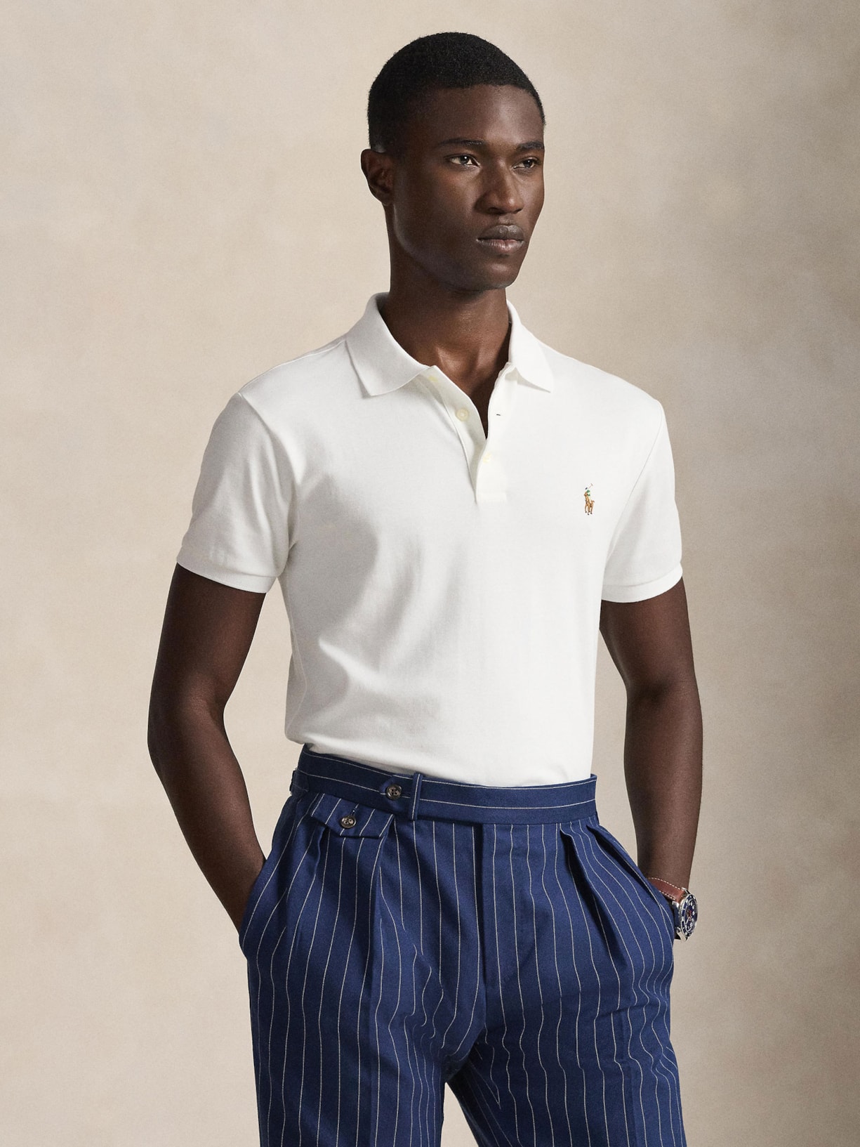Polo Masculina Manga Curta Pima Slim Fit Branco Polo Ralph Lauren