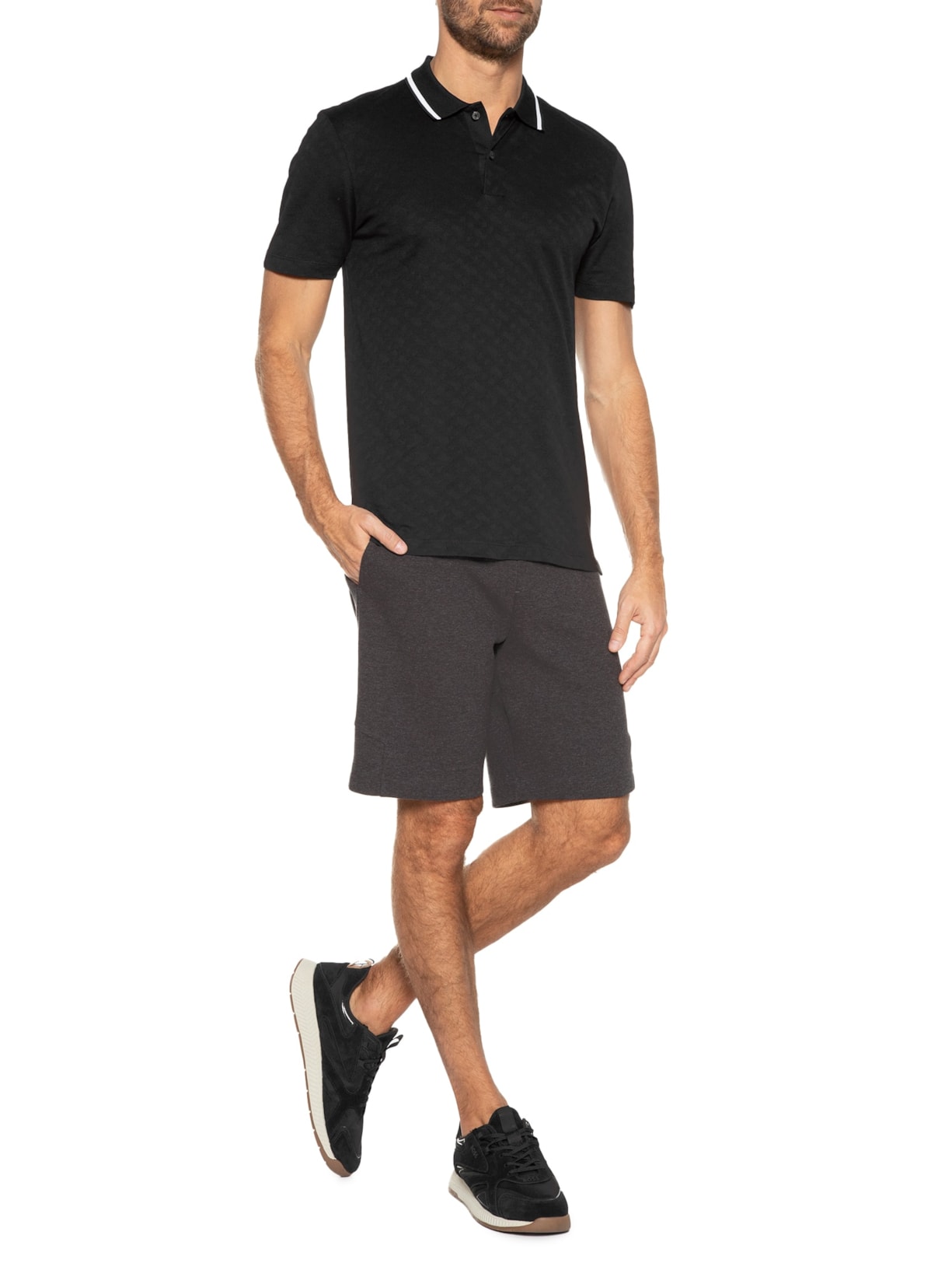 Polo Masculina Manga Curta Piquet de Malha Texturizada Preto Boss