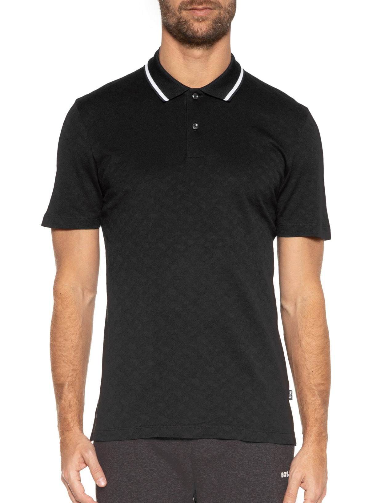 Polo Masculina Manga Curta Piquet de Malha Texturizada Preto Boss