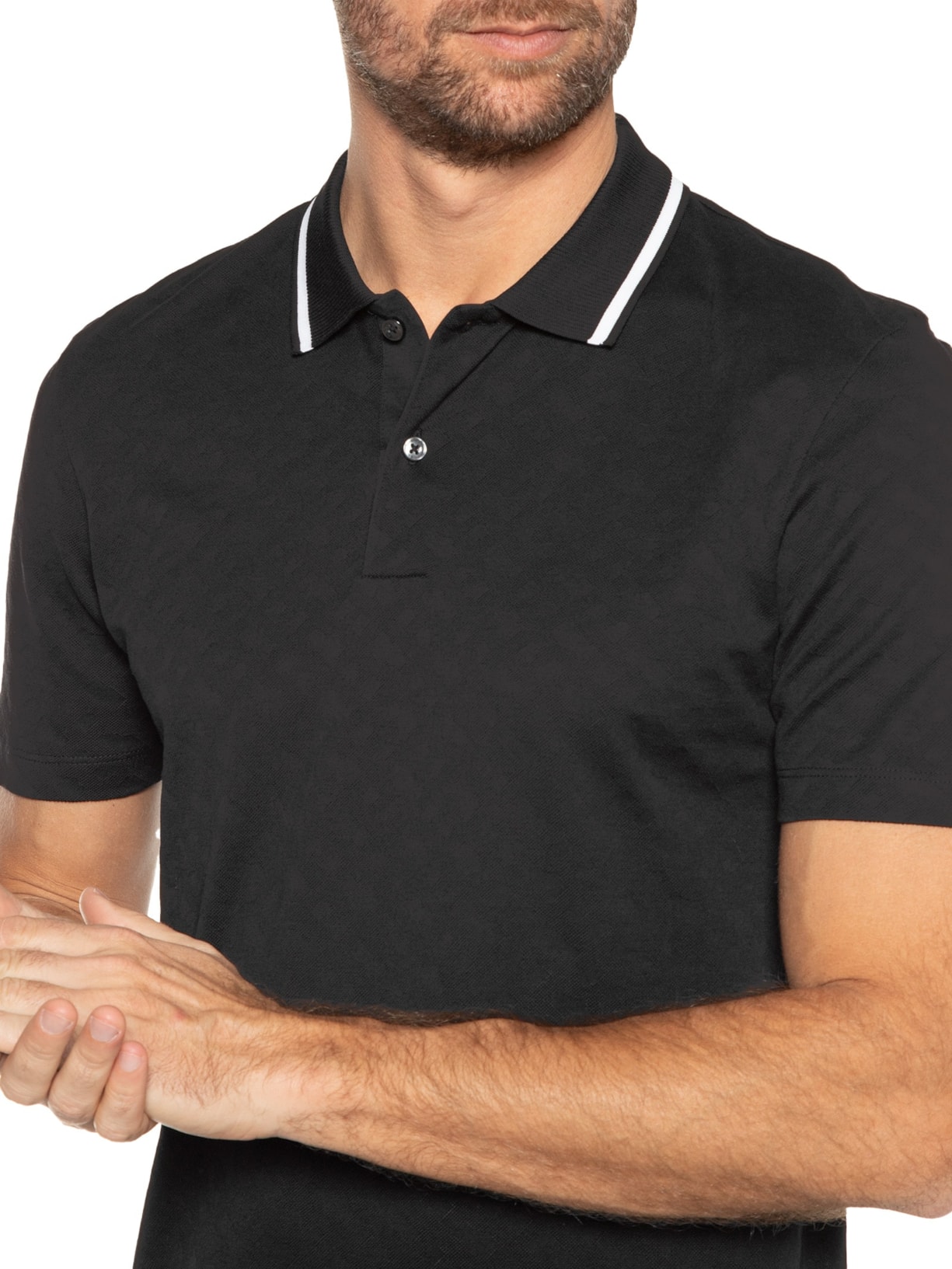 Polo Masculina Manga Curta Piquet de Malha Texturizada Preto Boss