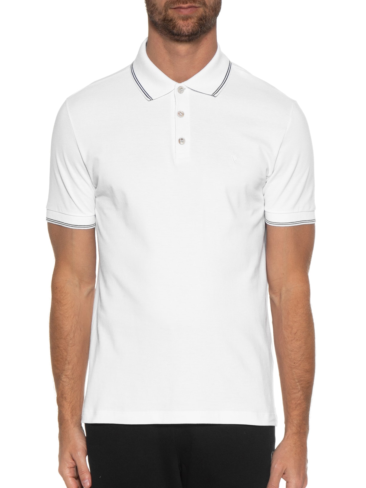 Polo Masculina Manga Curta Piquet Double Line Frieze Branco Vr