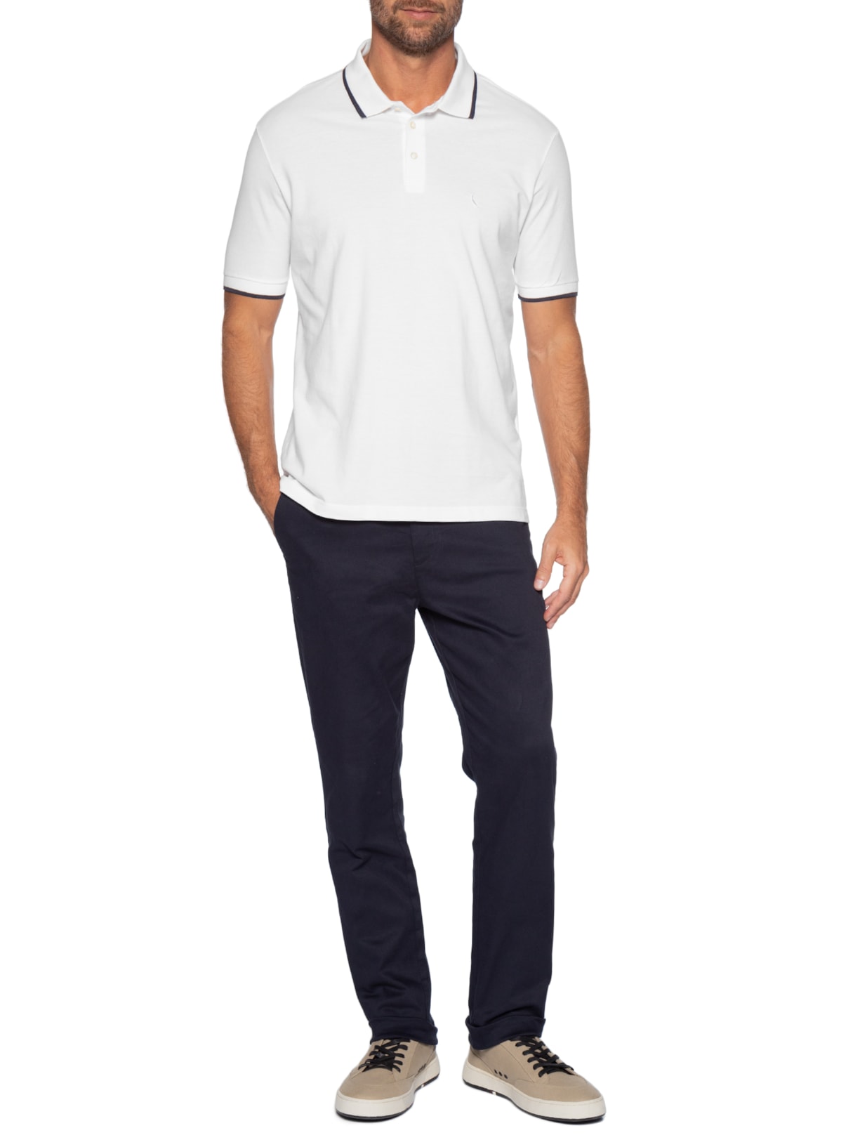 Polo Masculina Manga Curta Piquet Friso – Branco Reserva