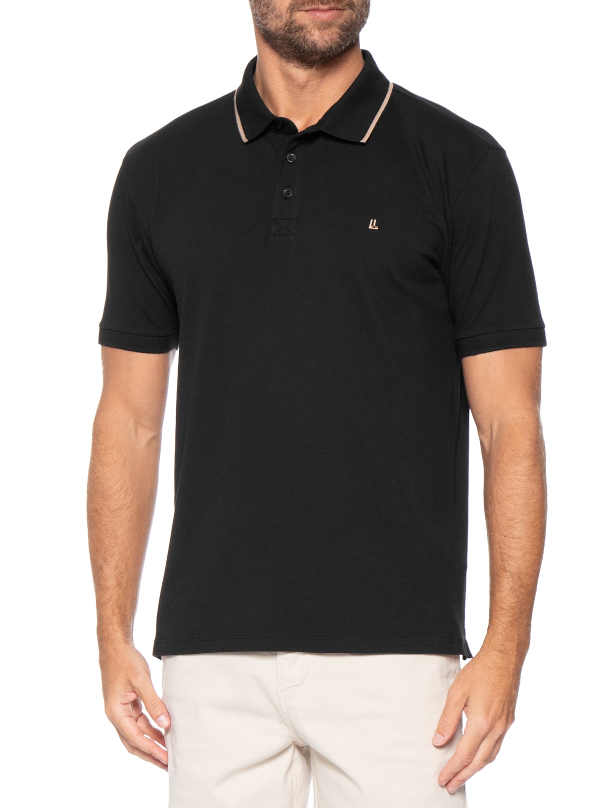 Polo Masculina Manga Curta Piquet Pima Friso Preto Foxton