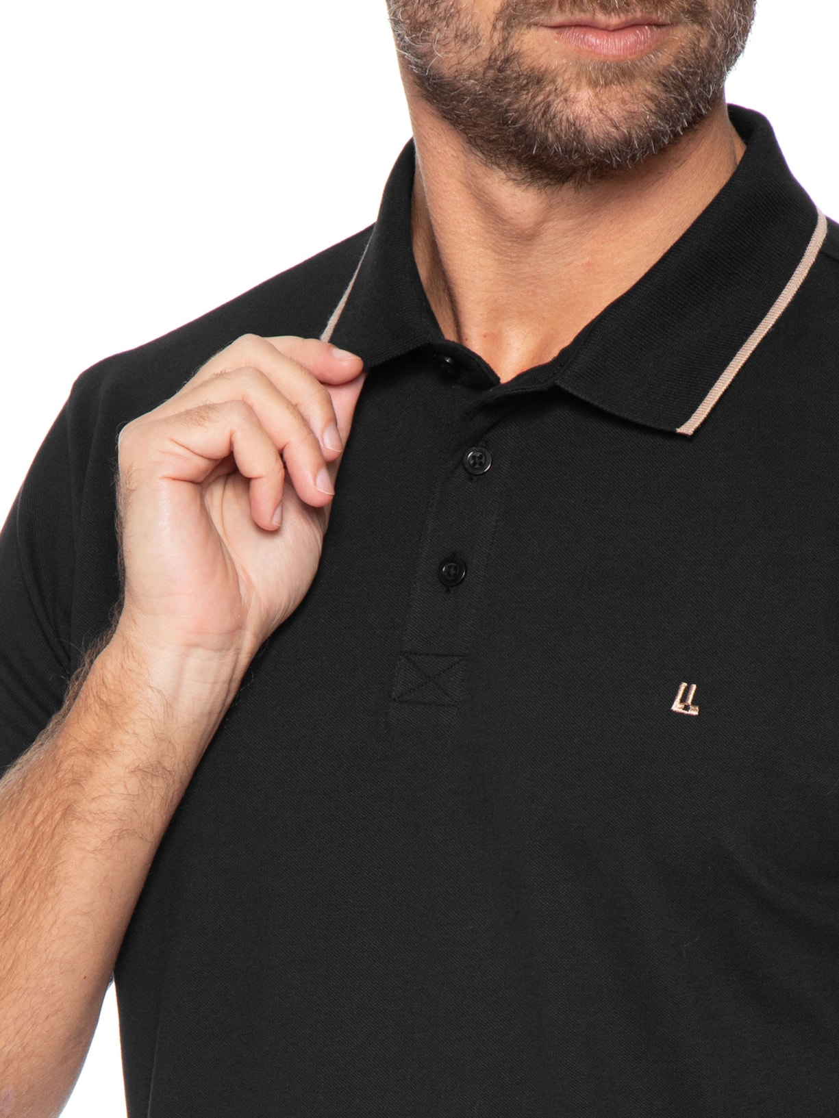 Polo Masculina Manga Curta Piquet Pima Friso Preto Foxton