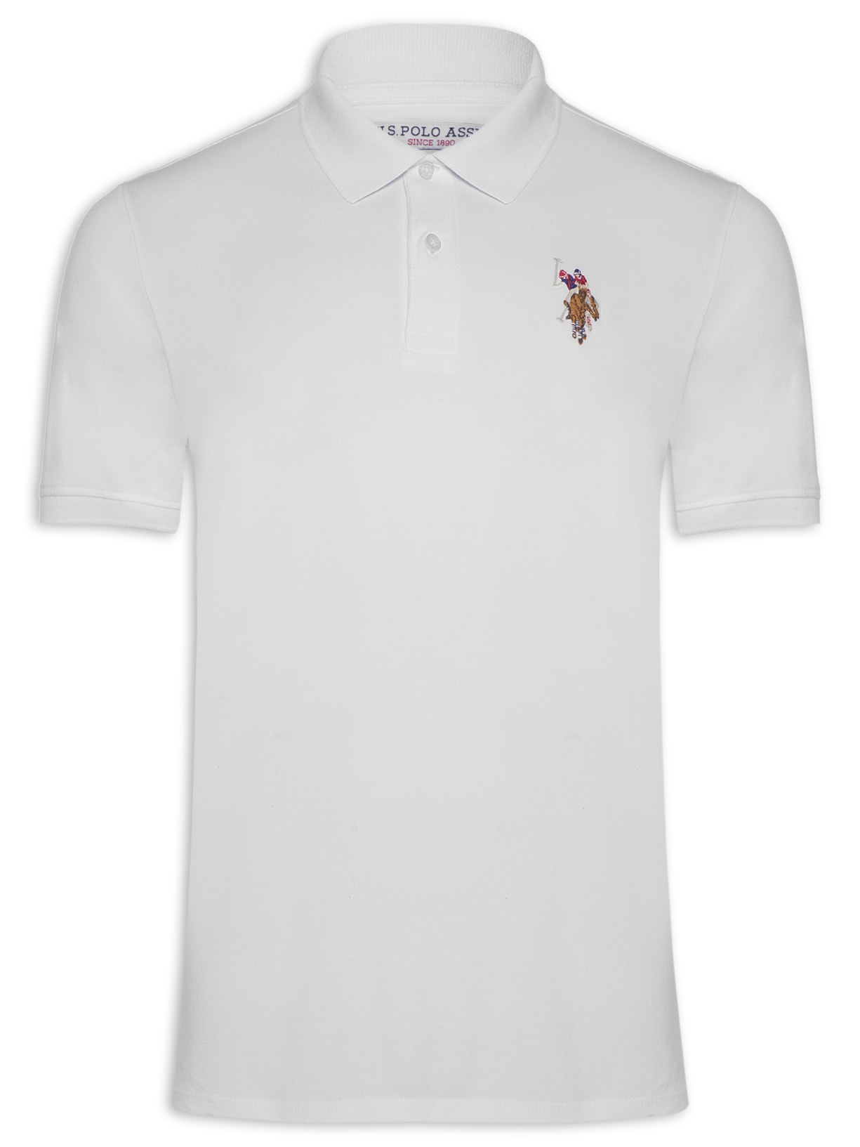 Polo Masculina Manga Curta Piquet Regular Fit Básica Bordado Colorido - Branco