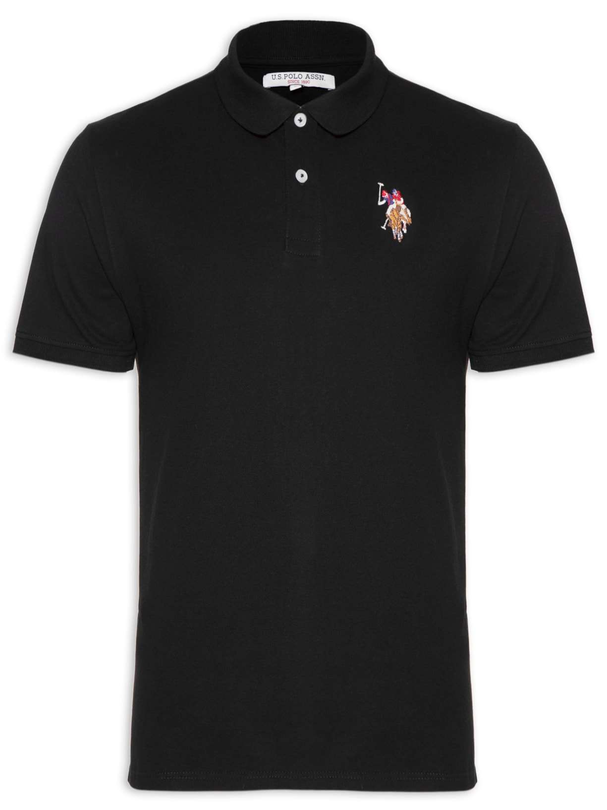 Polo Masculina Manga Curta Piquet Regular Fit Básica Bordado Colorido - Preto