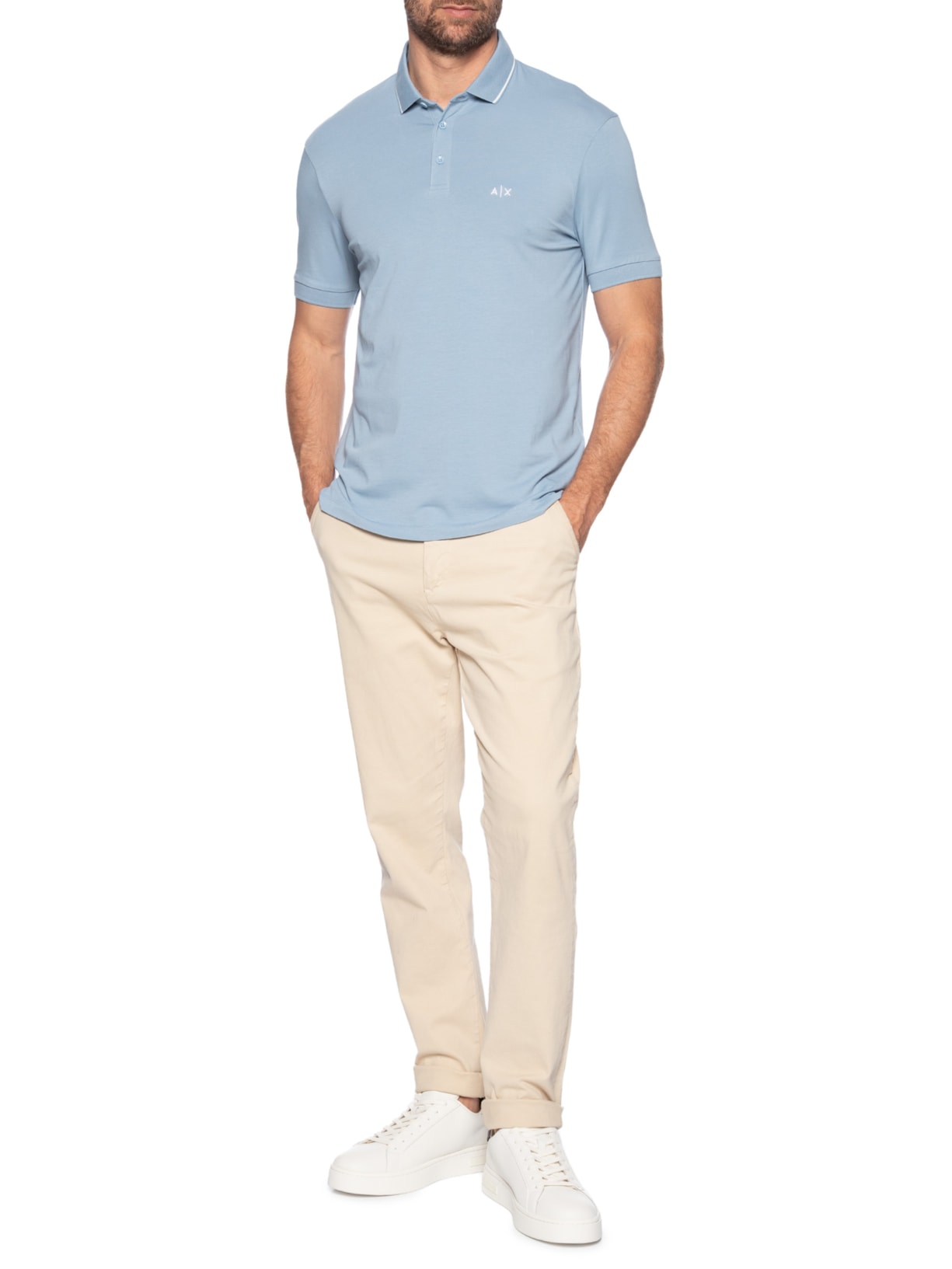 Polo Masculina Manga Curta Slim Fit Friso Gola Contrastante Azul Armani Exchange