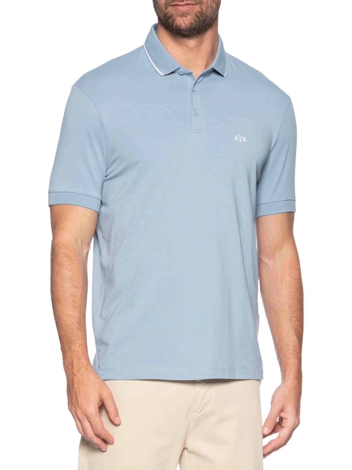Polo Masculina Manga Curta Slim Fit Friso Gola Contrastante Azul Armani Exchange