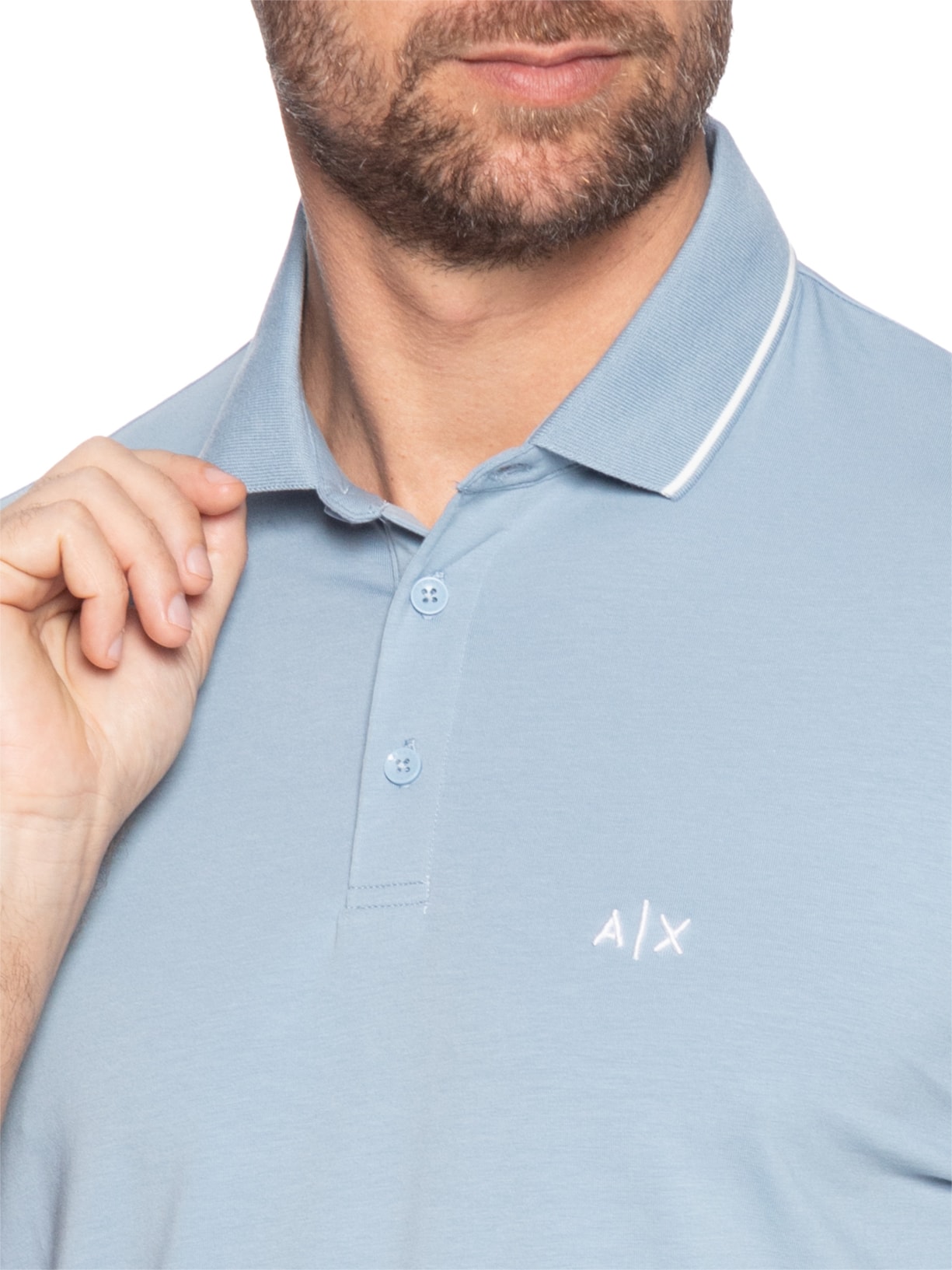 Polo Masculina Manga Curta Slim Fit Friso Gola Contrastante Azul Armani Exchange