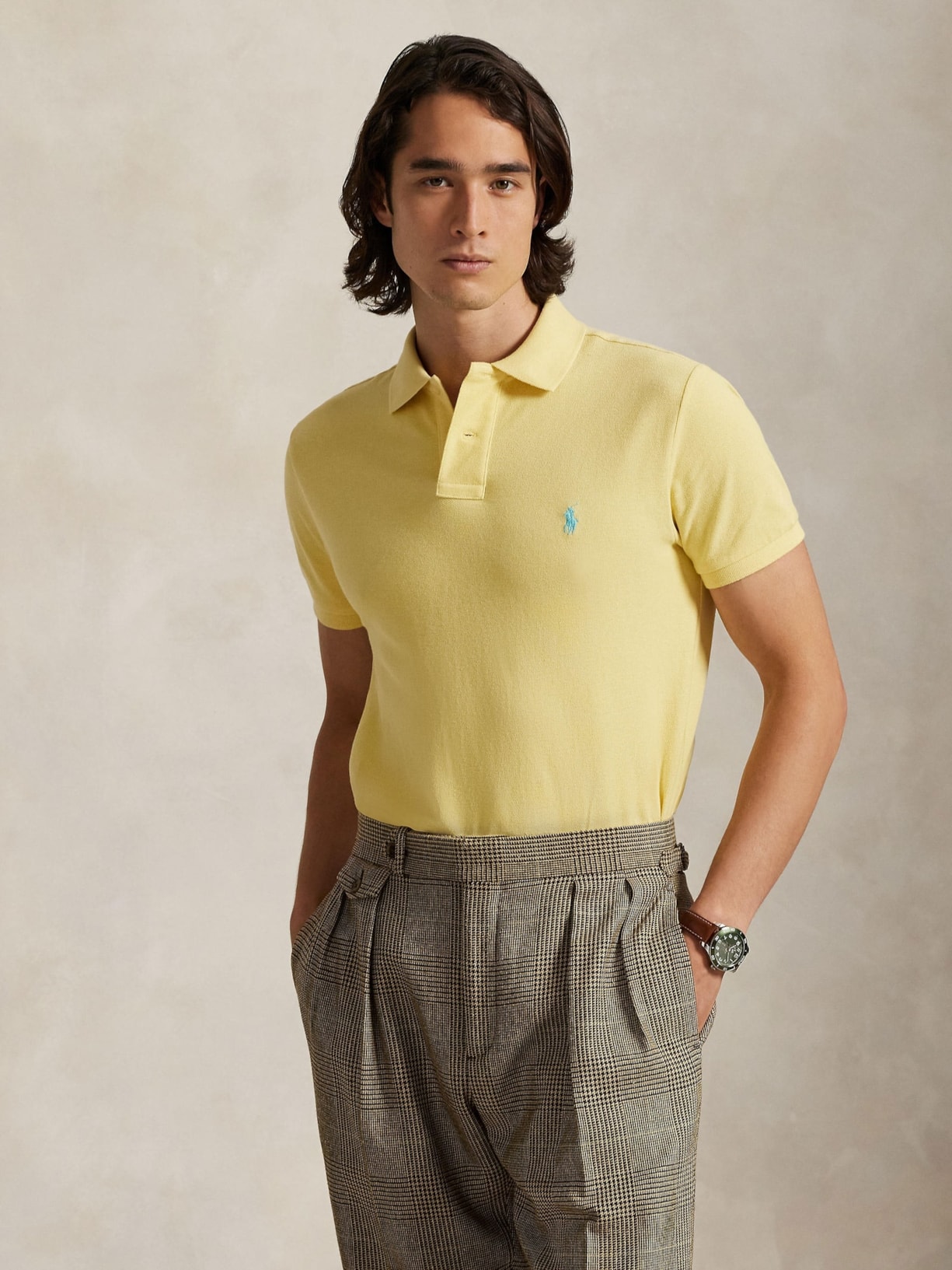 Polo Masculina Manga Curta Slim Fit Logo Bordado Amarelo Polo Ralph Lauren