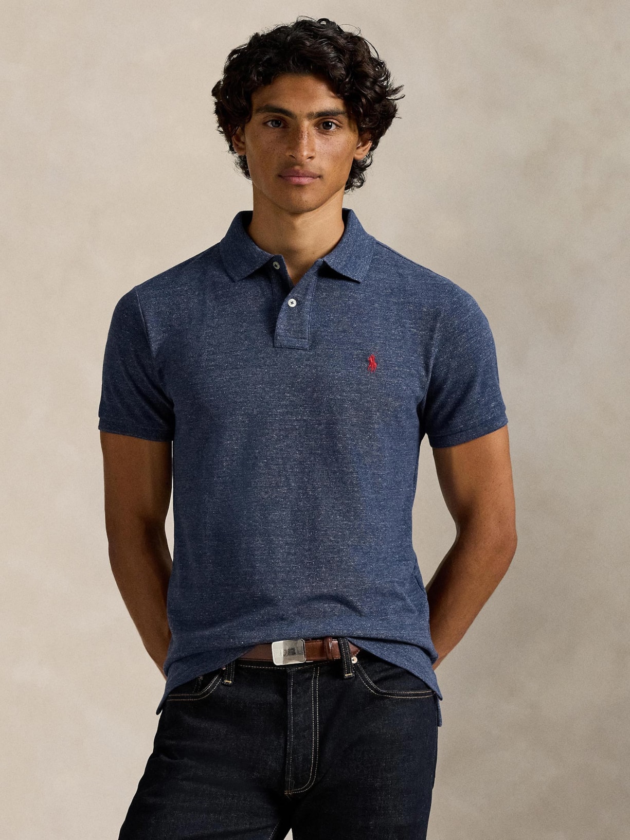 Polo Masculina Manga Curta Slim Fit Logo Bordado Azul Polo Ralph Lauren