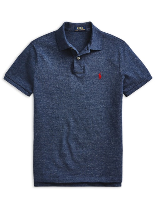 Polo Masculina Manga Curta Slim Fit Logo Bordado - Azul