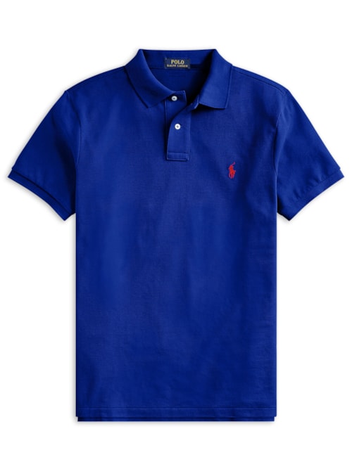 Polo Masculina Manga Curta Slim Fit Logo Bordado - Azul