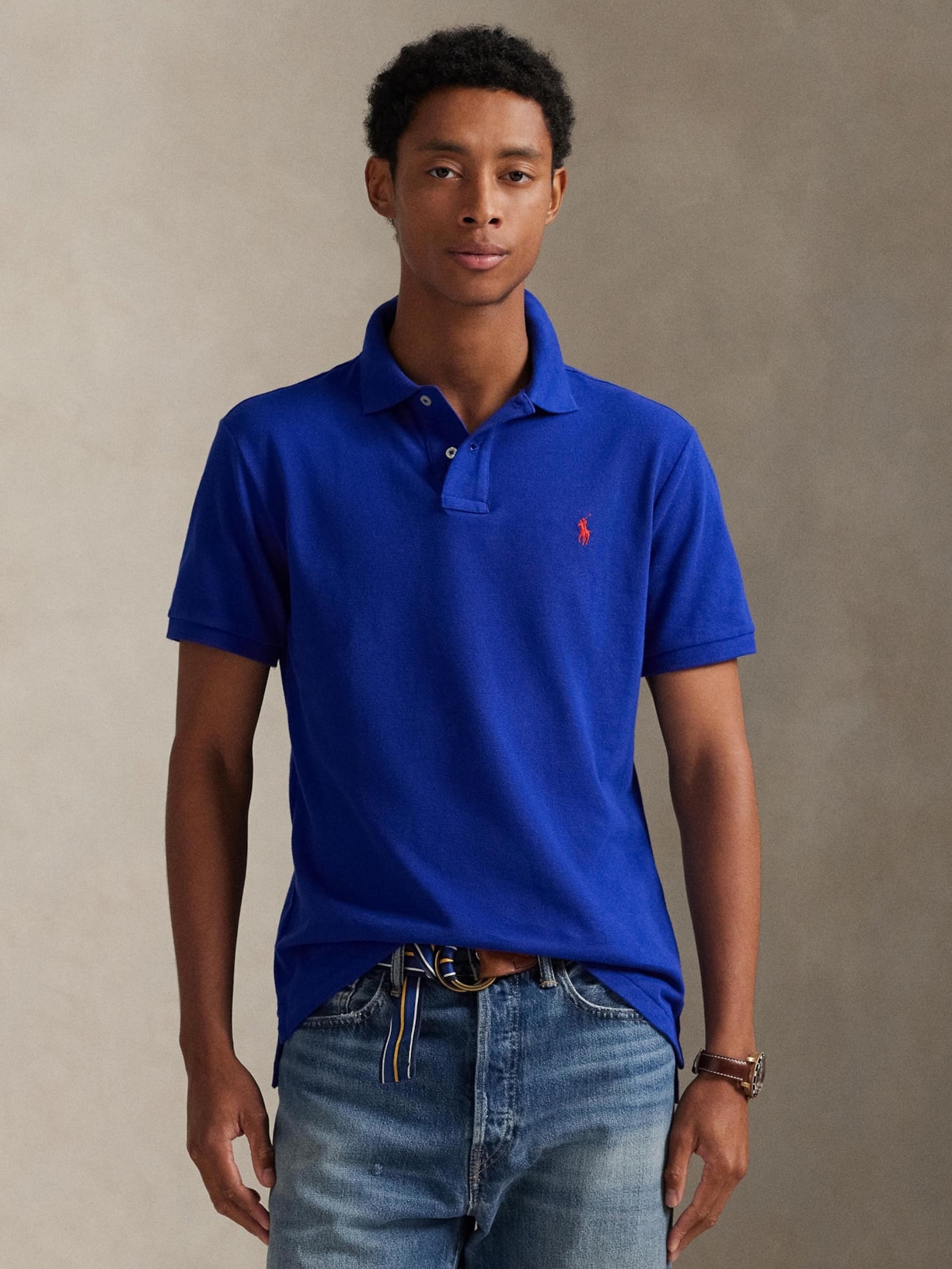 Polo Masculina Manga Curta Slim Fit Logo Bordado Azul Polo Ralph Lauren