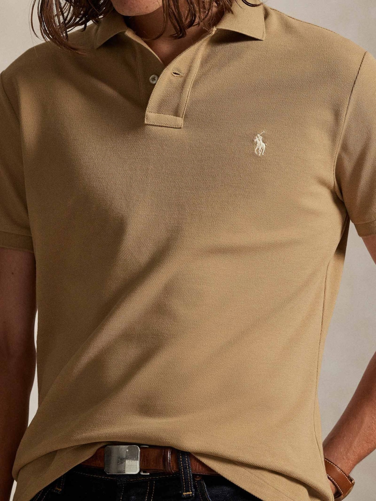 Polo Masculina Manga Curta Slim Fit Logo Bordado Bege Polo Ralph Lauren