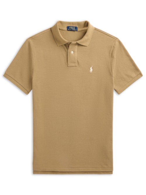 Polo Masculina Manga Curta Slim Fit Logo Bordado - Bege