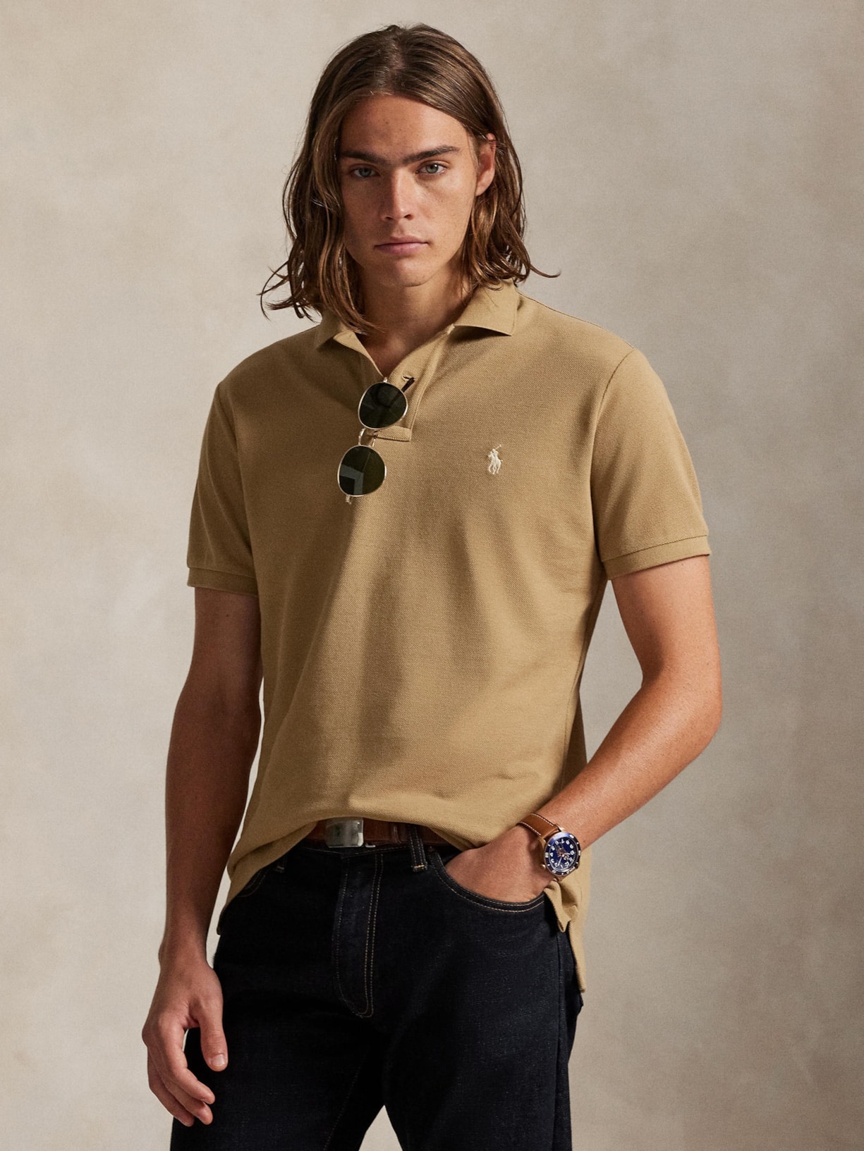 Polo Masculina Manga Curta Slim Fit Logo Bordado Bege Polo Ralph Lauren