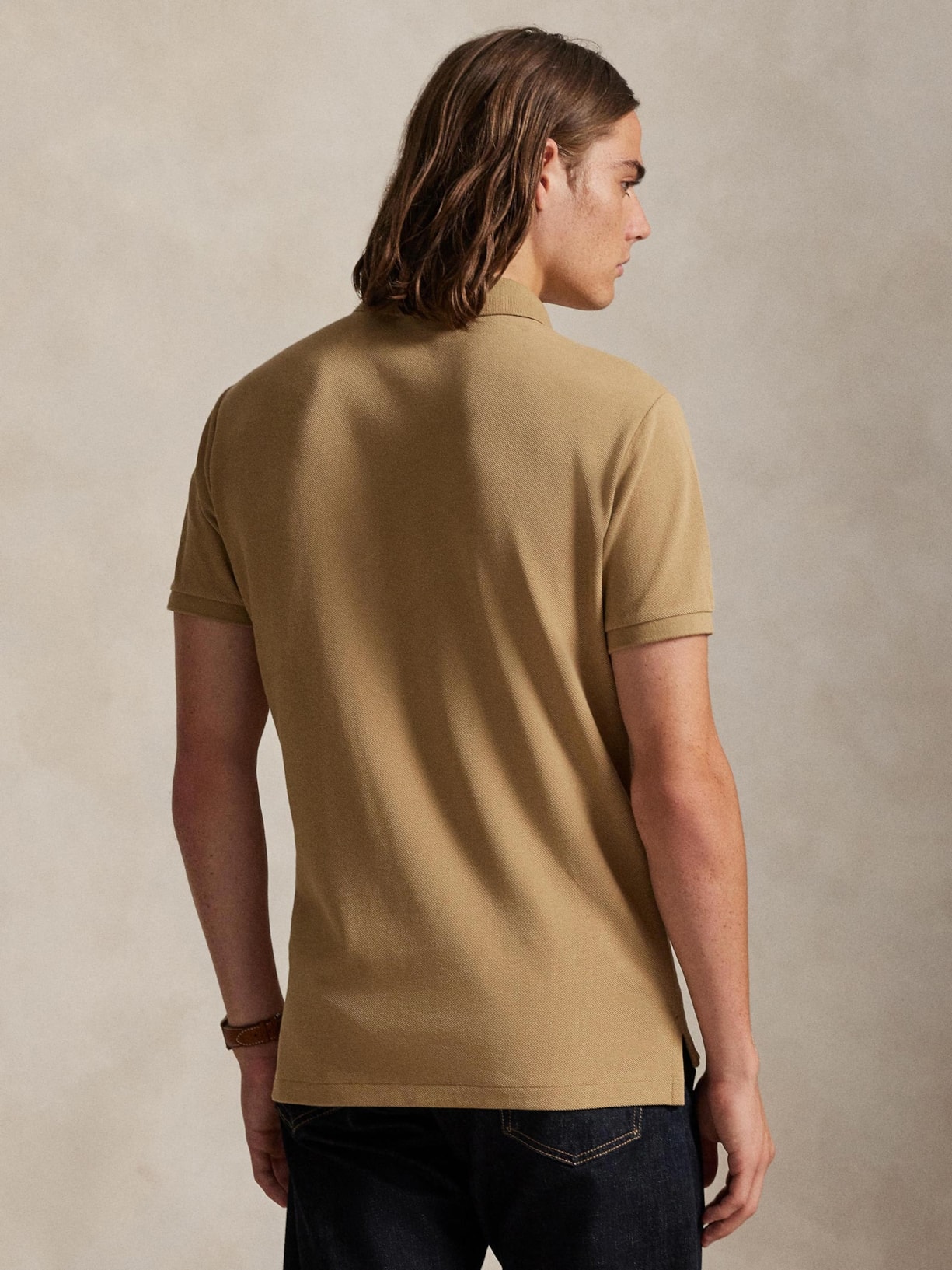 Polo Masculina Manga Curta Slim Fit Logo Bordado Bege Polo Ralph Lauren