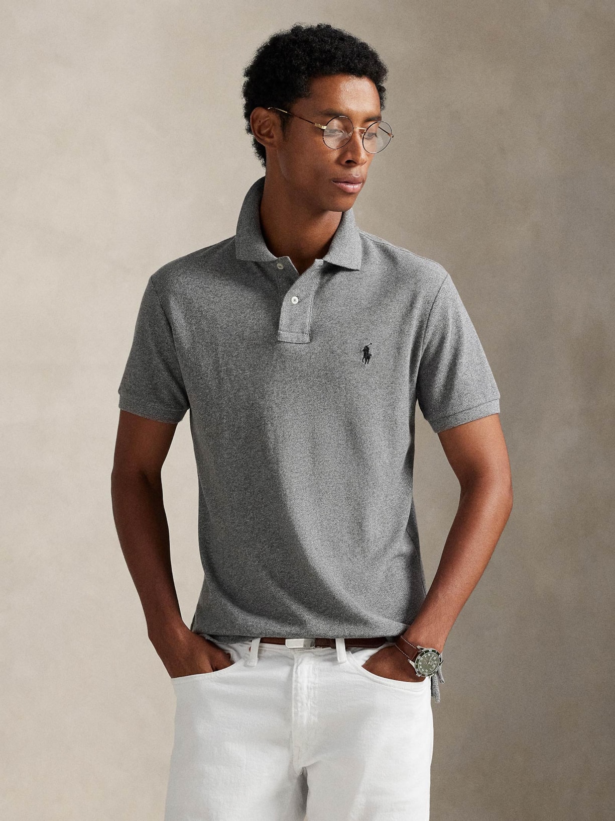 Polo Masculina Manga Curta Slim Fit Logo Bordado Cinza Polo Ralph Lauren