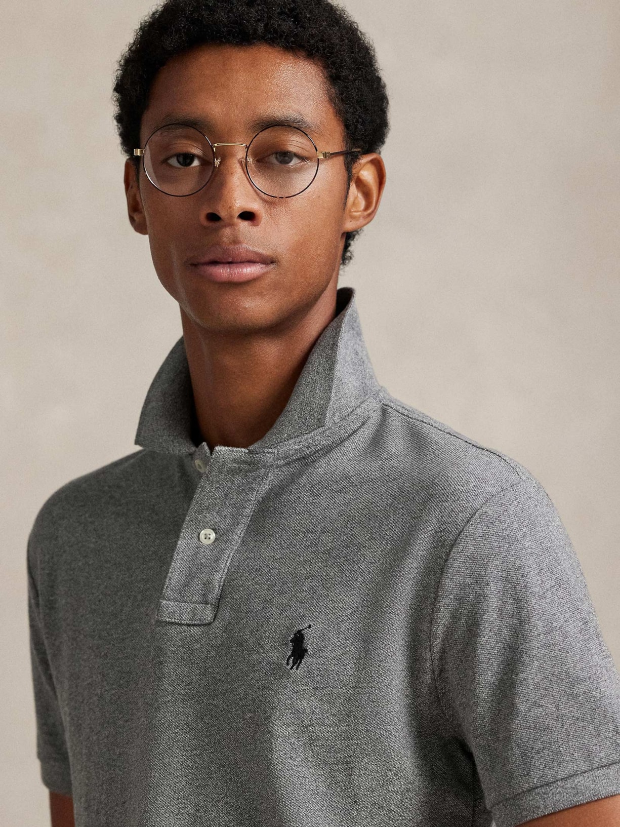 Polo Masculina Manga Curta Slim Fit Logo Bordado Cinza Polo Ralph Lauren