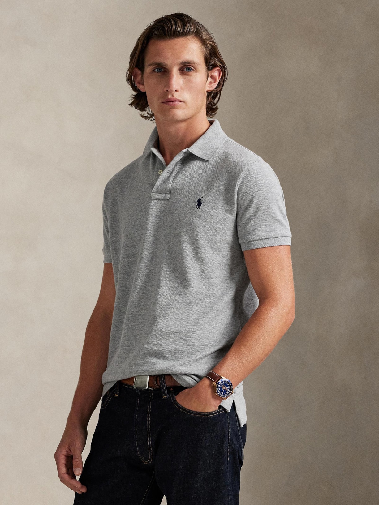 Polo Masculina Manga Curta Slim Fit Logo Bordado Cinza Polo Ralph Lauren