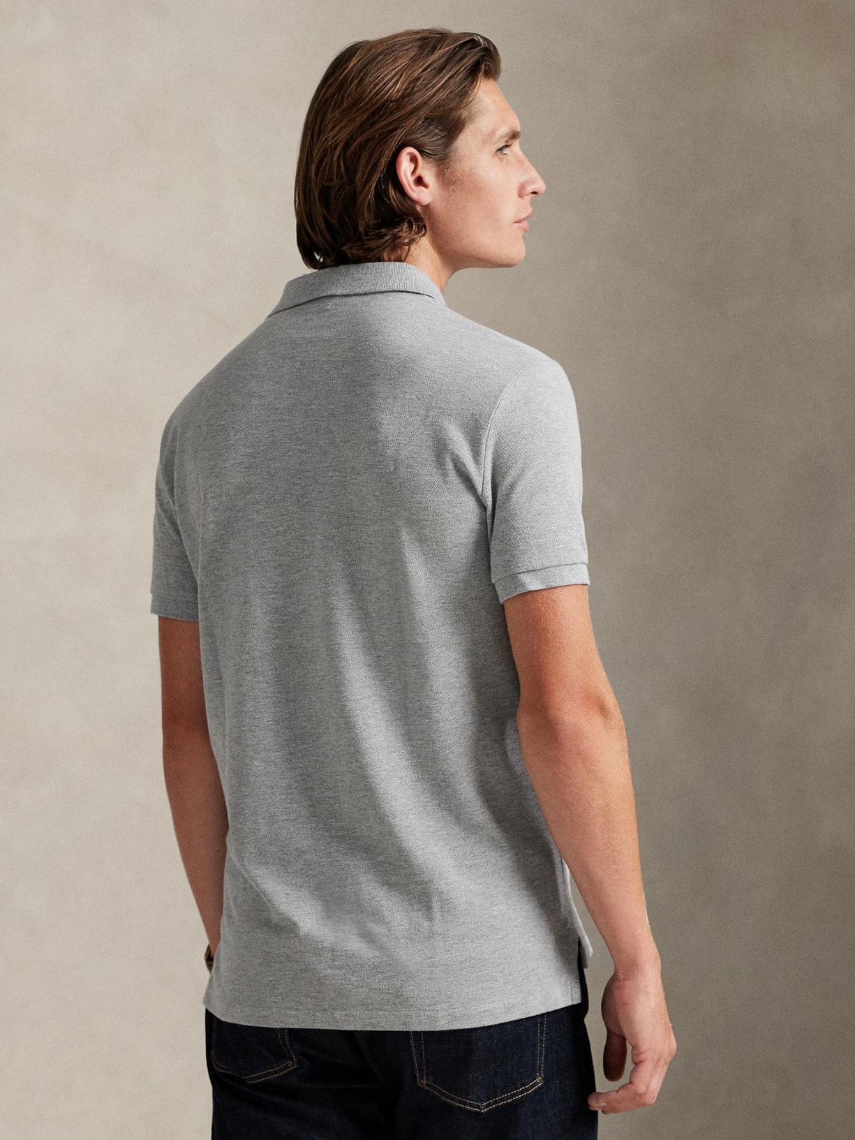 Polo Masculina Manga Curta Slim Fit Logo Bordado Cinza Polo Ralph Lauren
