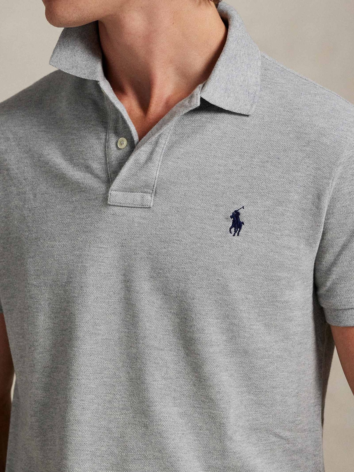 Polo Masculina Manga Curta Slim Fit Logo Bordado Cinza Polo Ralph Lauren