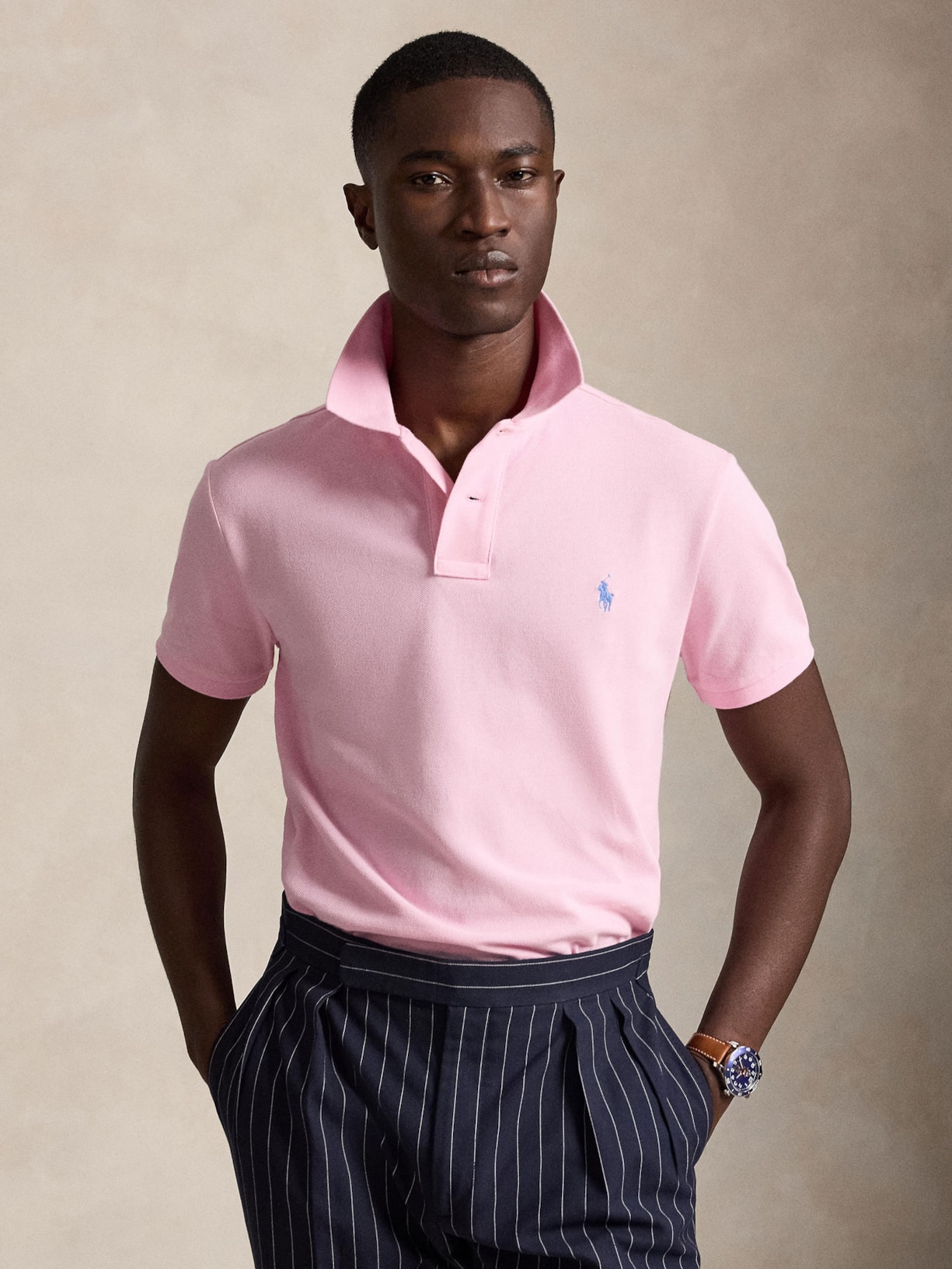 Polo Masculina Manga Curta Slim Fit Logo Bordado Rosa Polo Ralph Lauren