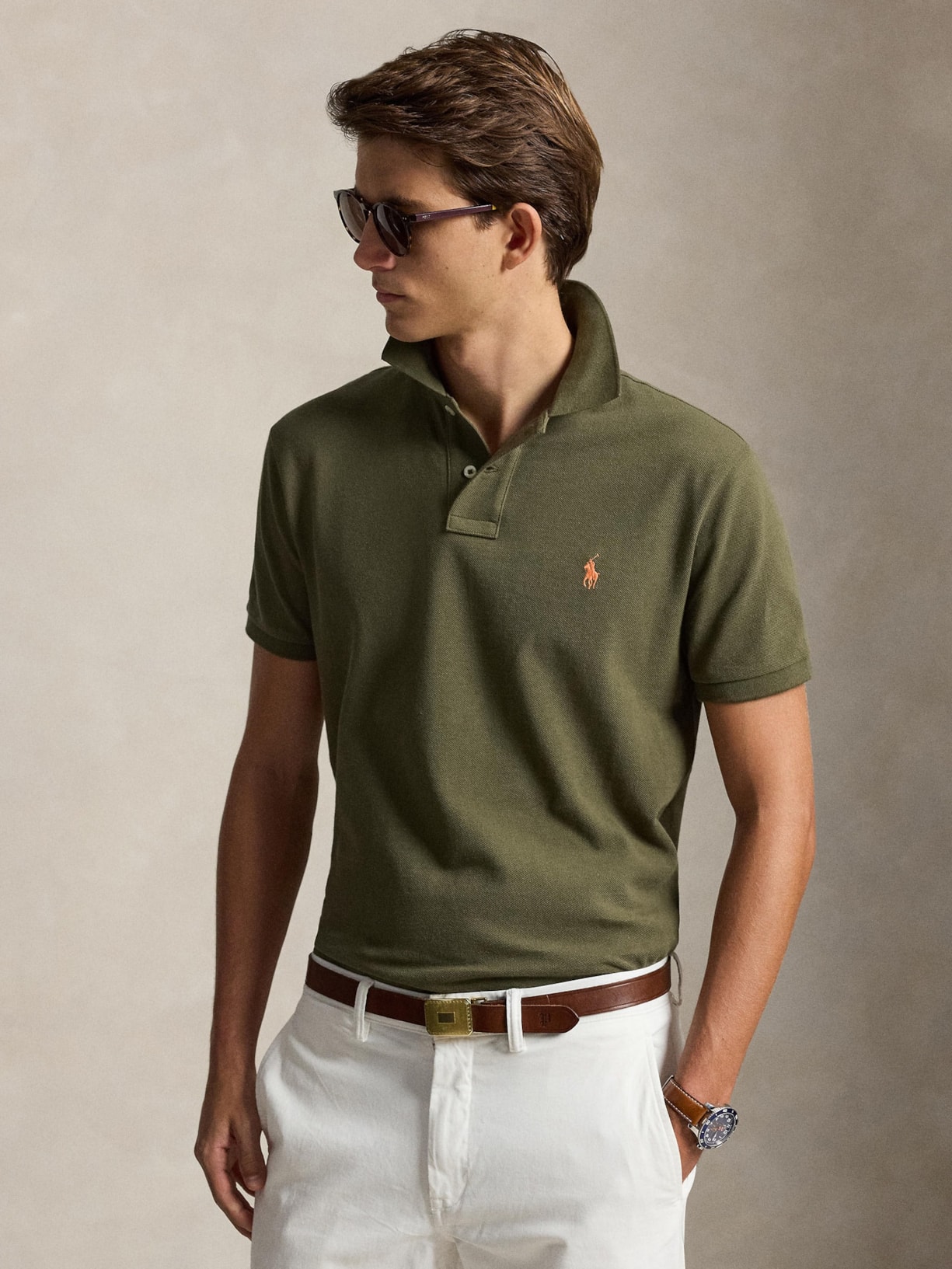 Polo Masculina Manga Curta Slim Fit Logo Bordado Verde Polo Ralph Lauren
