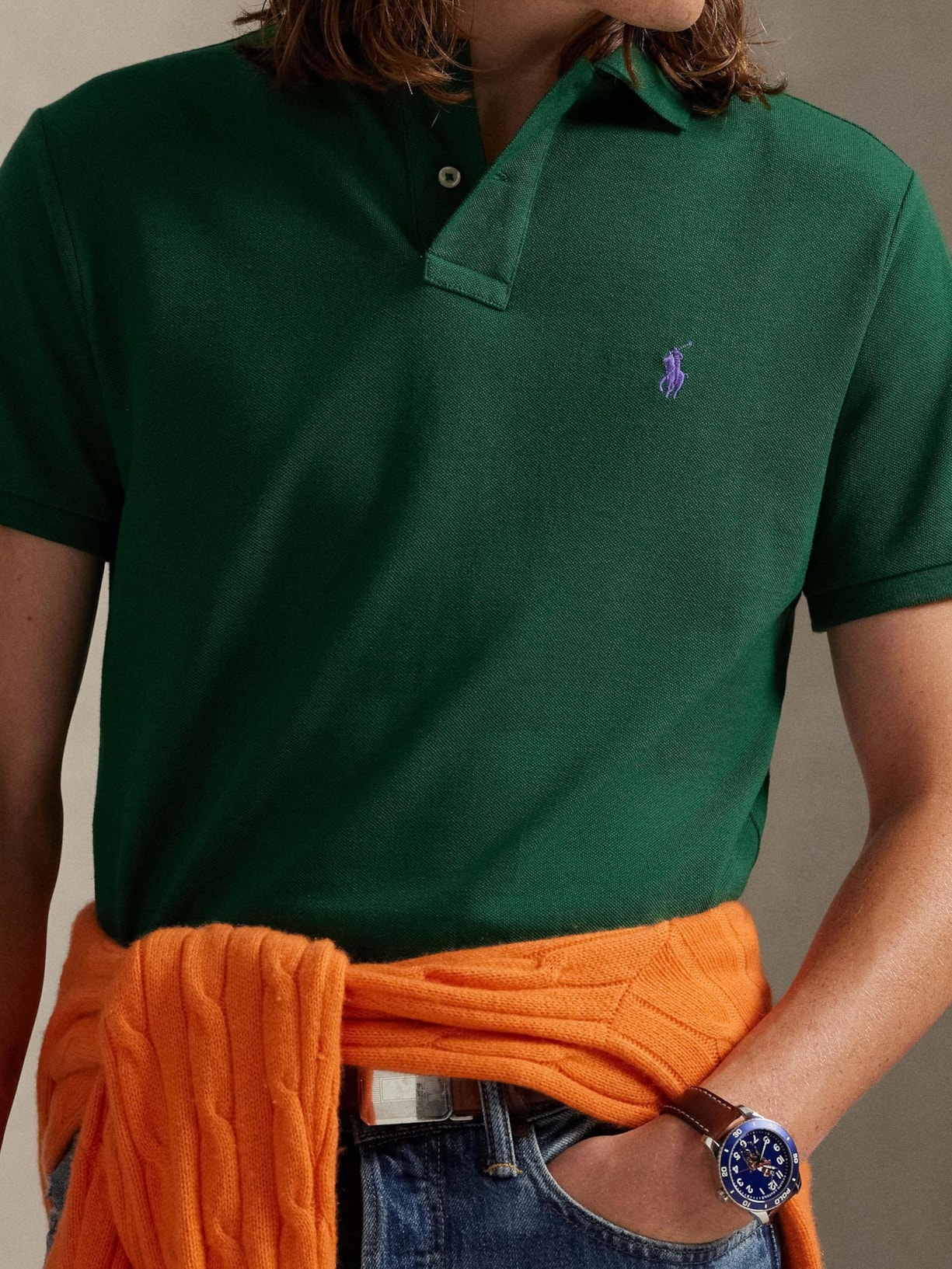 Polo Masculina Manga Curta Slim Fit Logo Bordado Verde Polo Ralph Lauren