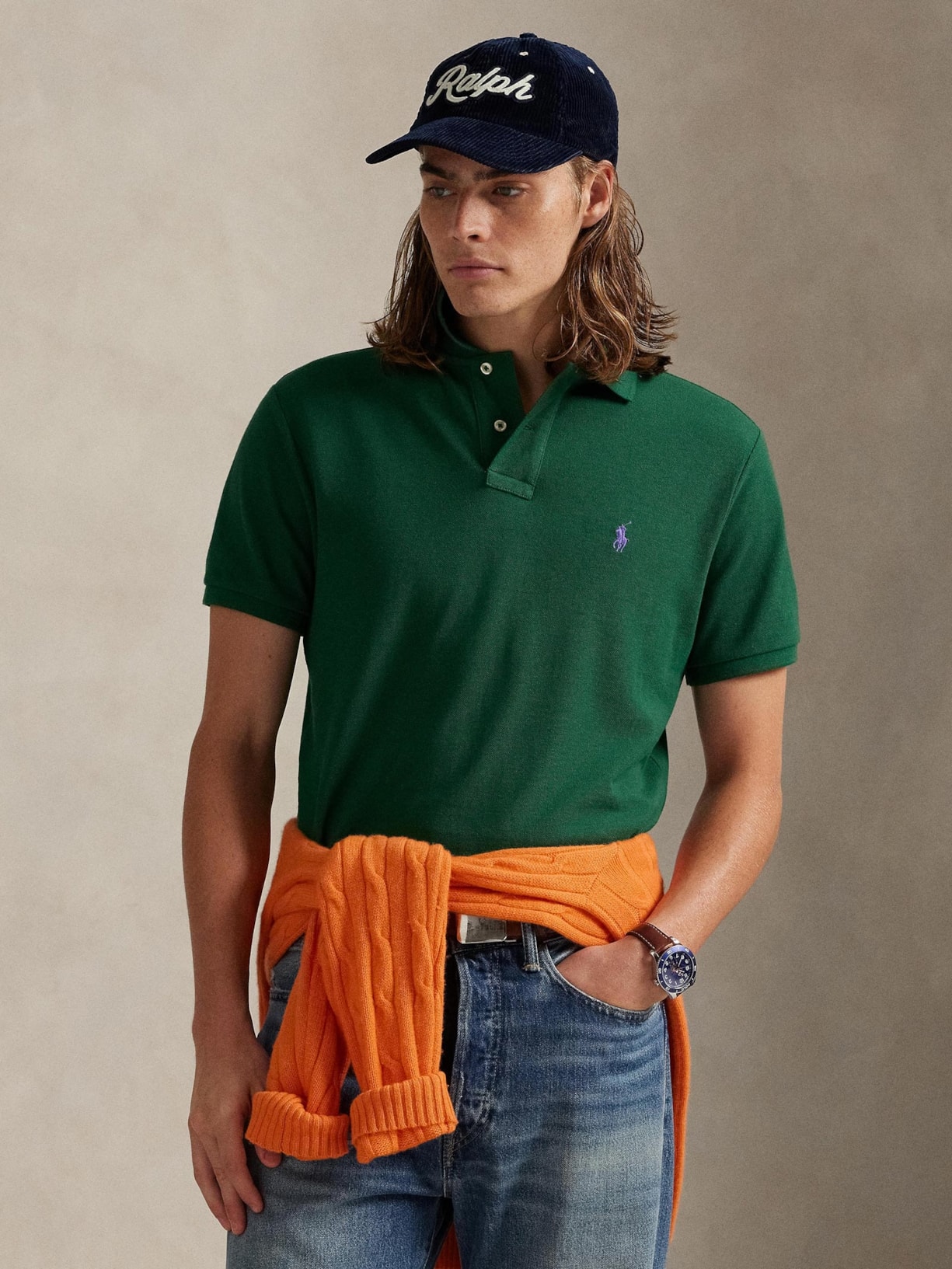 Polo Masculina Manga Curta Slim Fit Logo Bordado Verde Polo Ralph Lauren