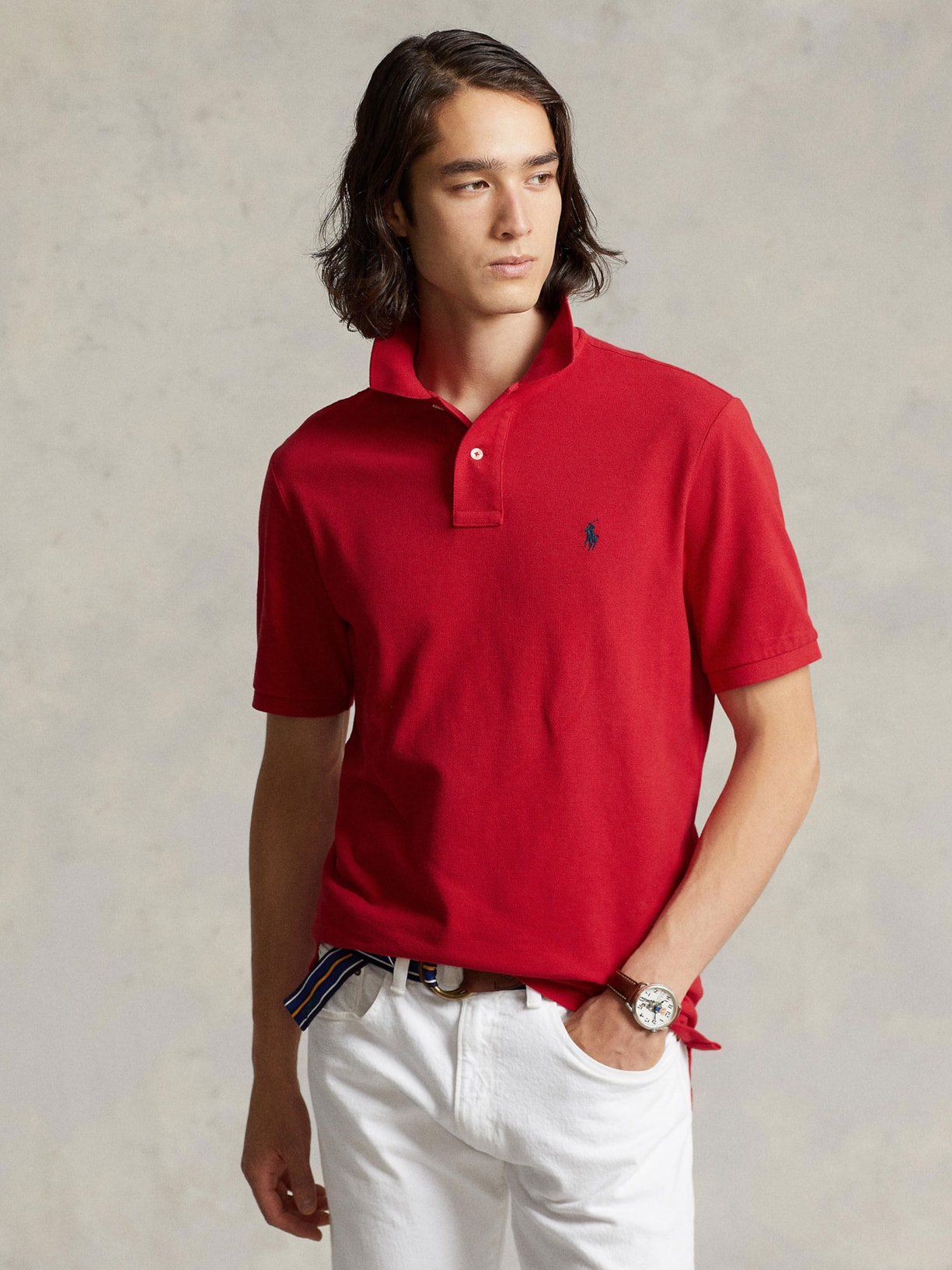Polo Masculina Manga Curta Slim Fit Logo Bordado Vermelho Polo Ralph Lauren