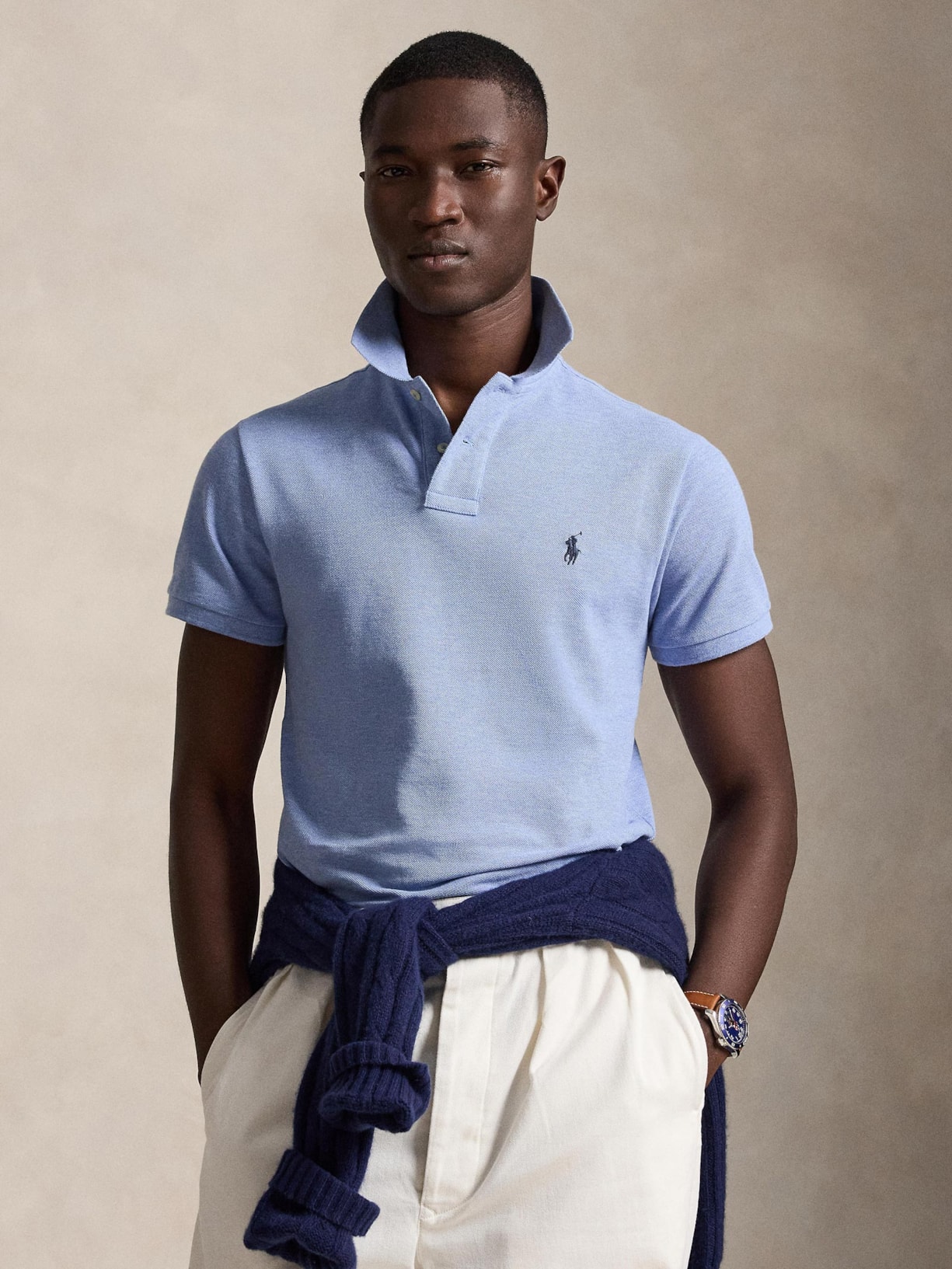 Polo Masculina Manga Curta Slim Fit Mesh Logo Bordado Azul Polo Ralph Lauren